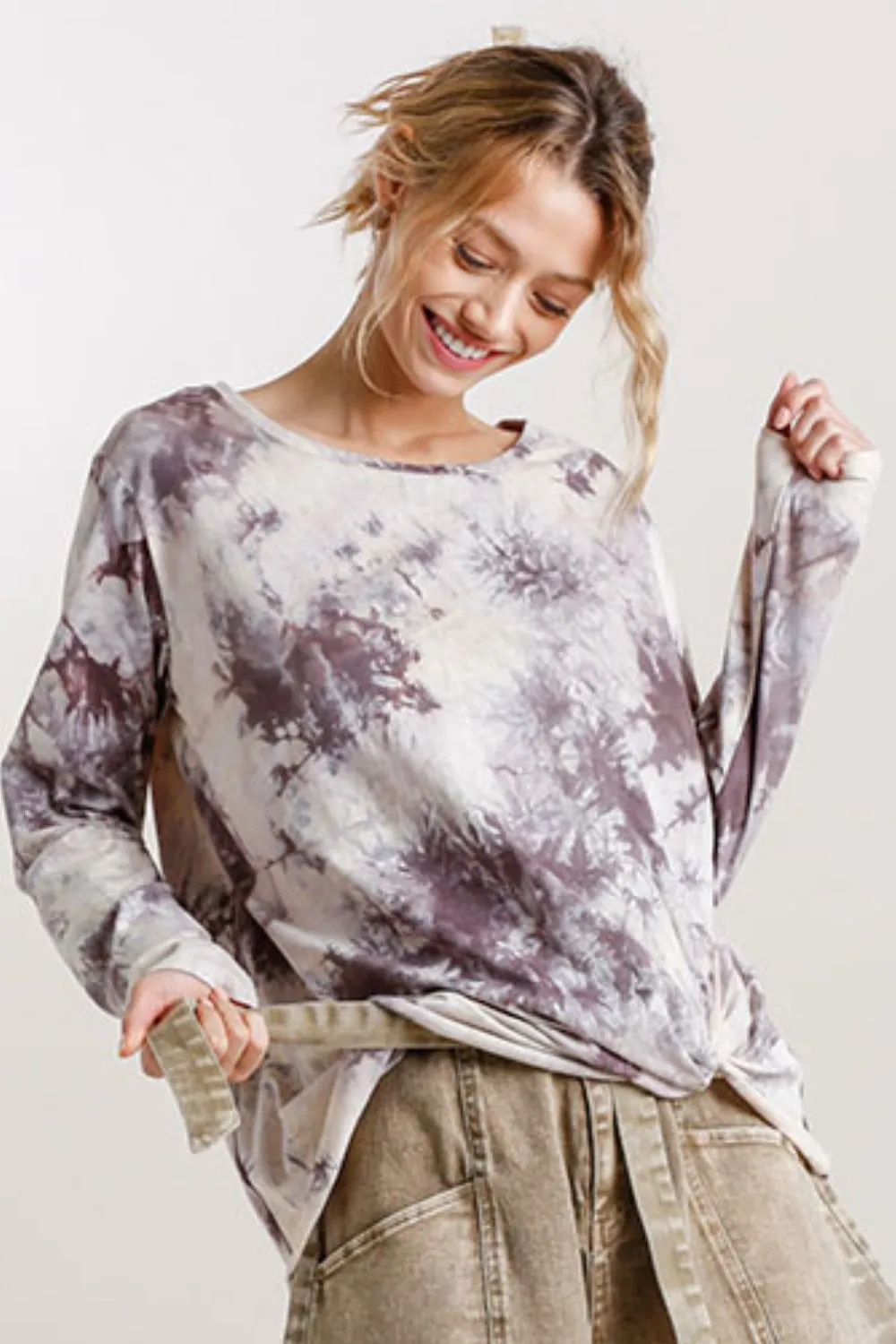 Full Size Tie Dye Front Gathered Detail Round Neck Long Sleeve T-Shirt Plus Size