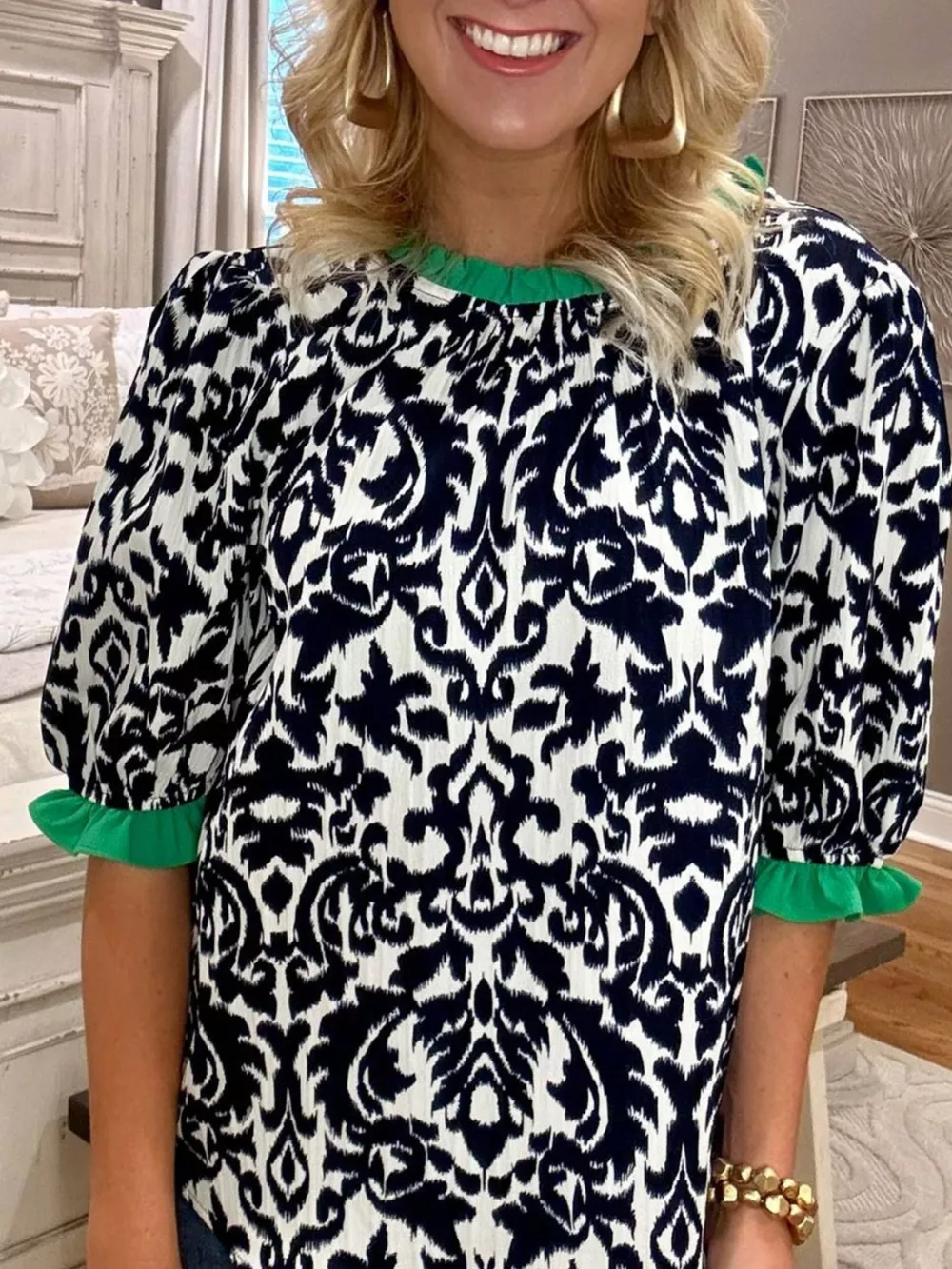 Damask Print Ruffled Color Block Detail Half Sleeve Blouse, image 4
