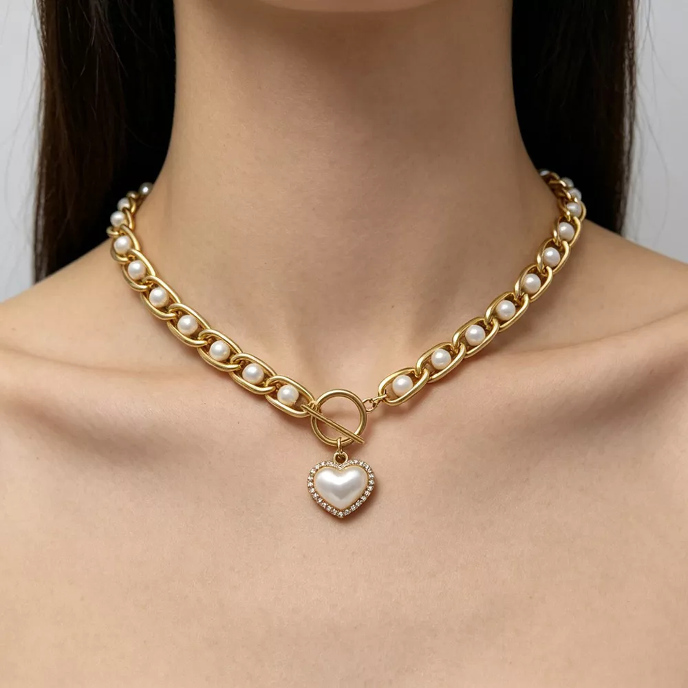 Chunky Pearl and Heart Pendant Necklace, image 3