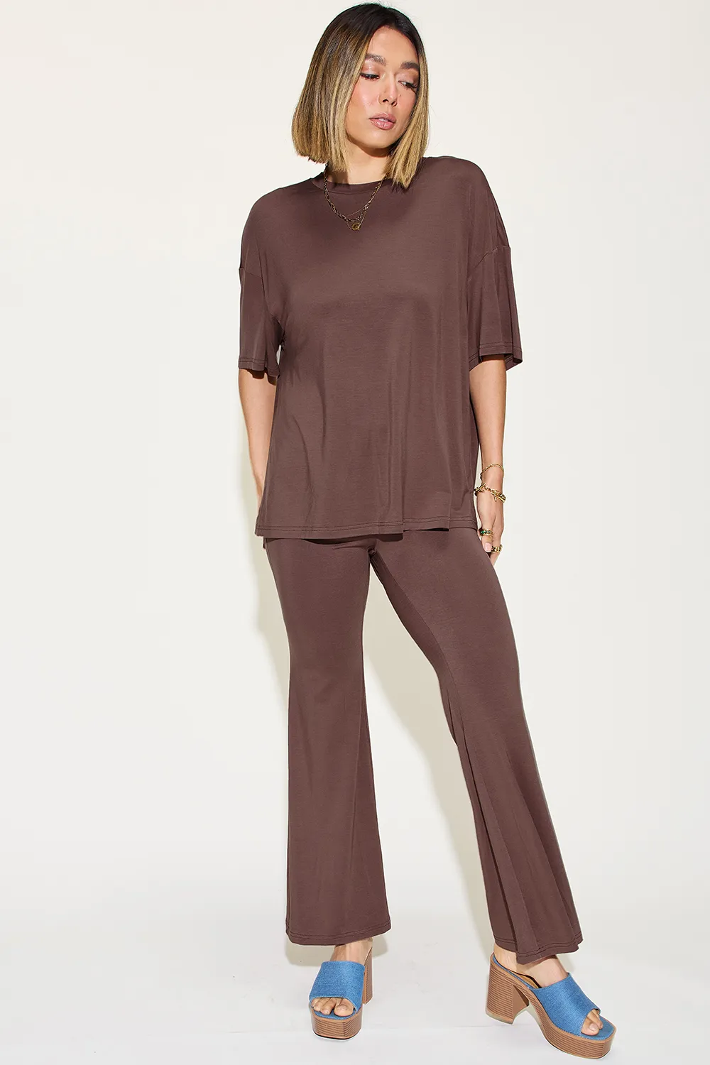 Full Size Bamboo Drop Shoulder T-Shirt and Flare Pants Set, image 14