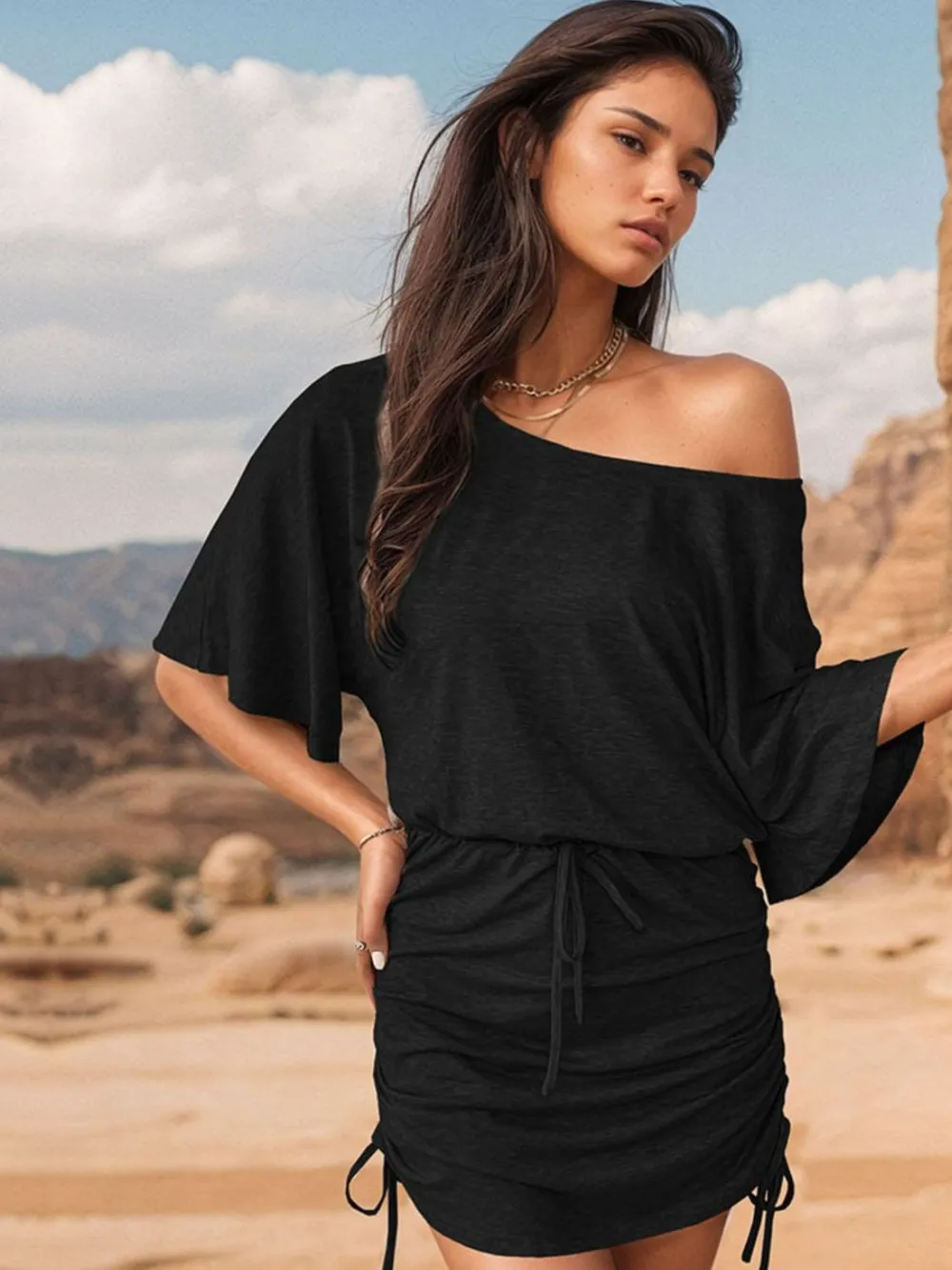 Drawstring One Shoulder Three-Quarter Sleeve Mini Dress, image 9
