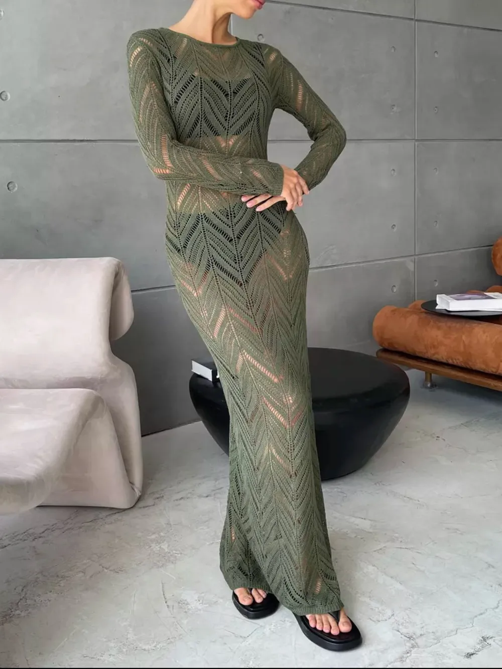 Openwork Long Sleeve Knit Cover Up Dress, image 23