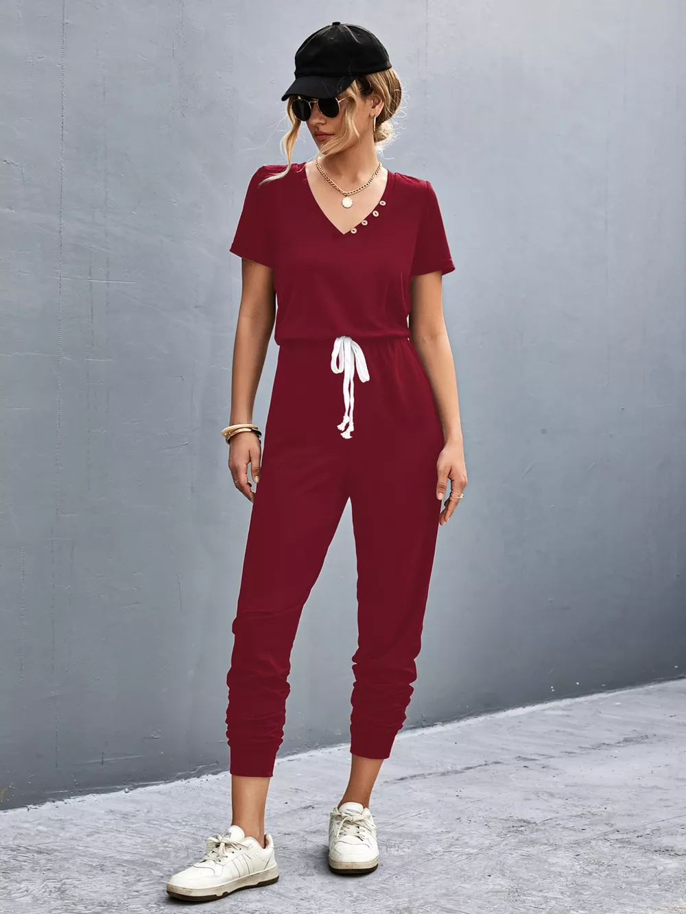 Casual V-Neck Short Sleeve Drawstring Waist Jumpsuit, image 5