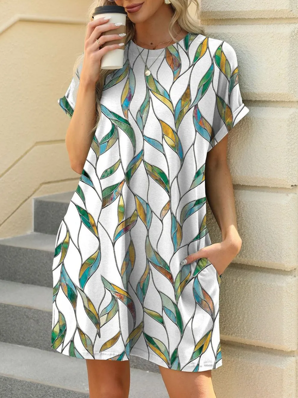 Printed Round Neck Short Sleeve Mini Dress, image 32
