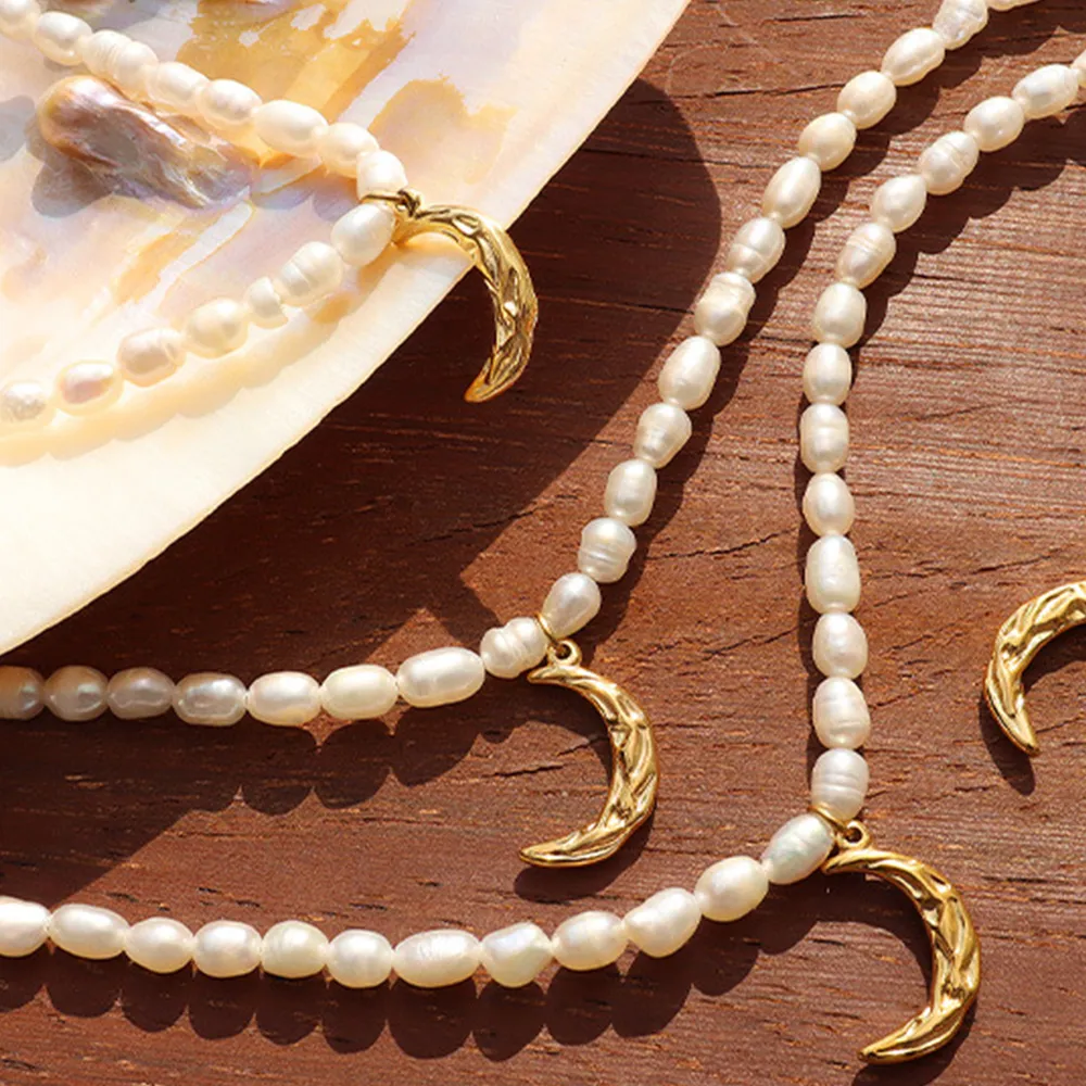 Pearl Titanium Steel Moon Shape Pendant Necklace, image 2