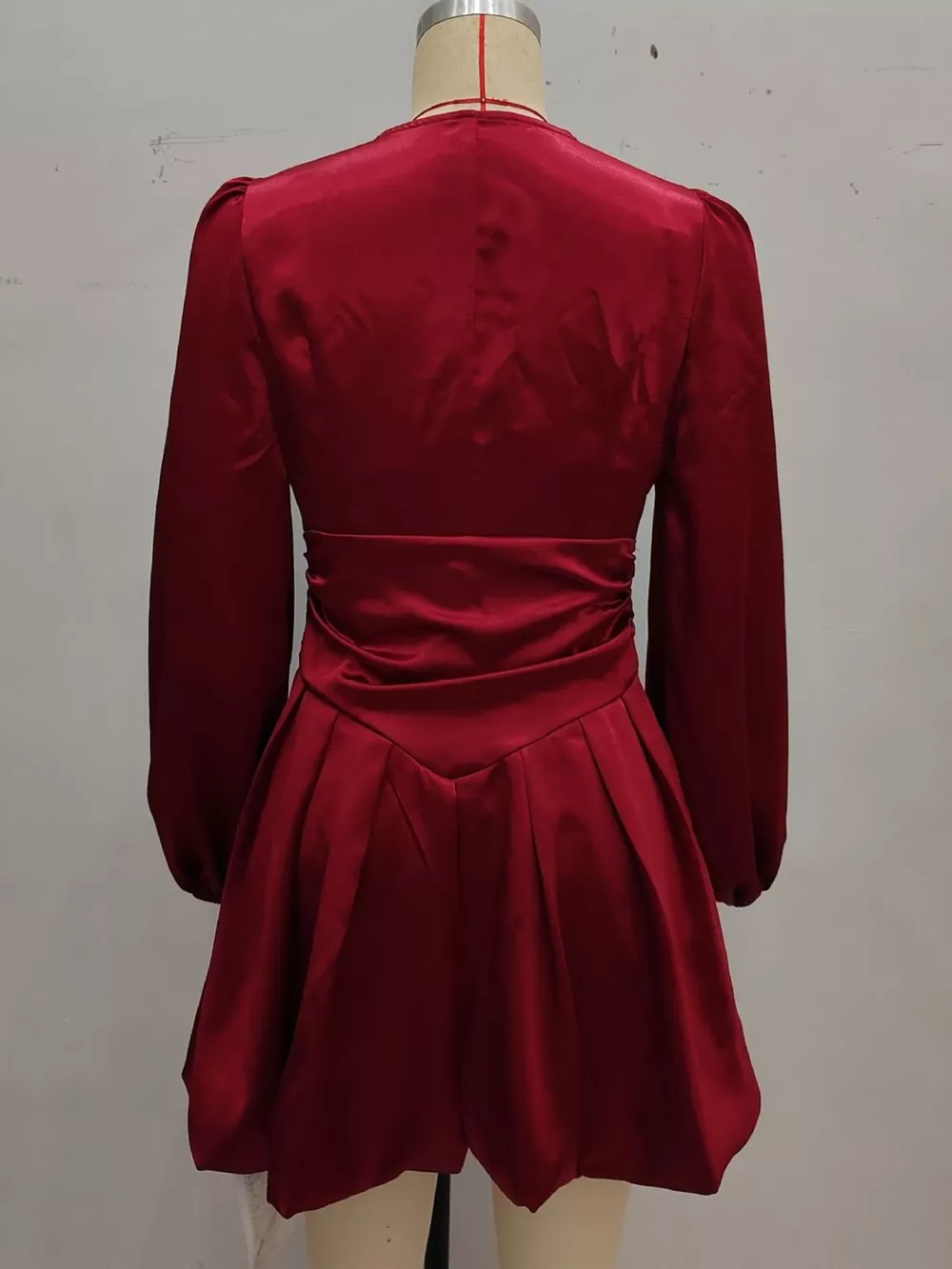Ruched V-Neck Balloon Sleeve Dress, image 4