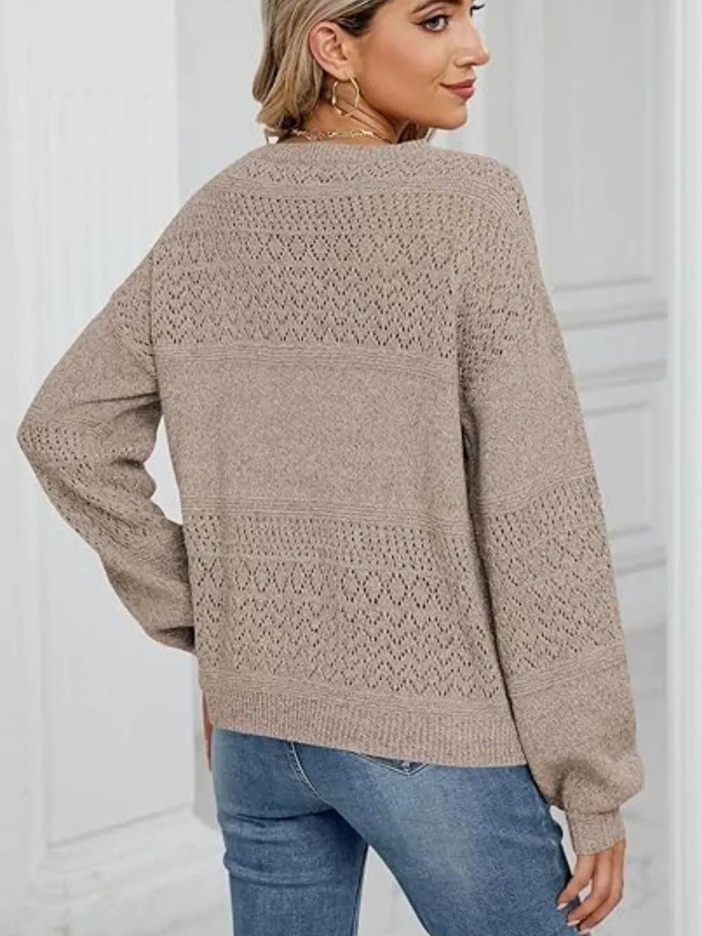 Eyelet V-Neck Long Sleeve Sweater, image 10