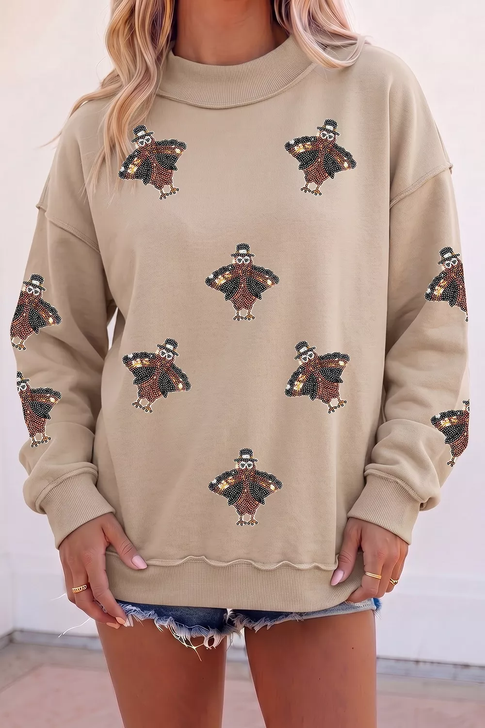 Sequin Turkey Mock Neck Exposed Seam Pullover Sweatshirt, image 3