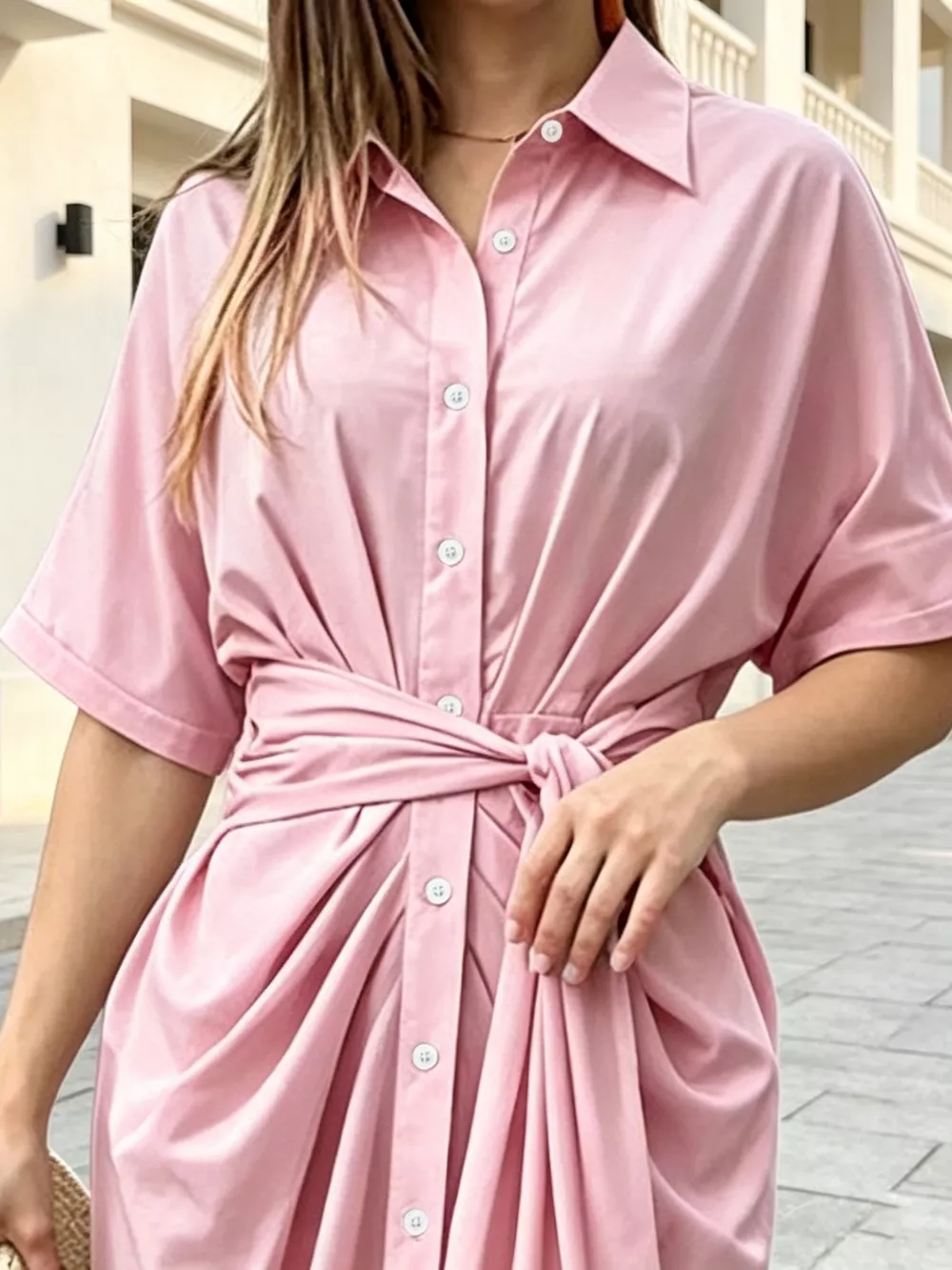 Button-Down Shirt Dress with Waist-Tie Detail, image 3
