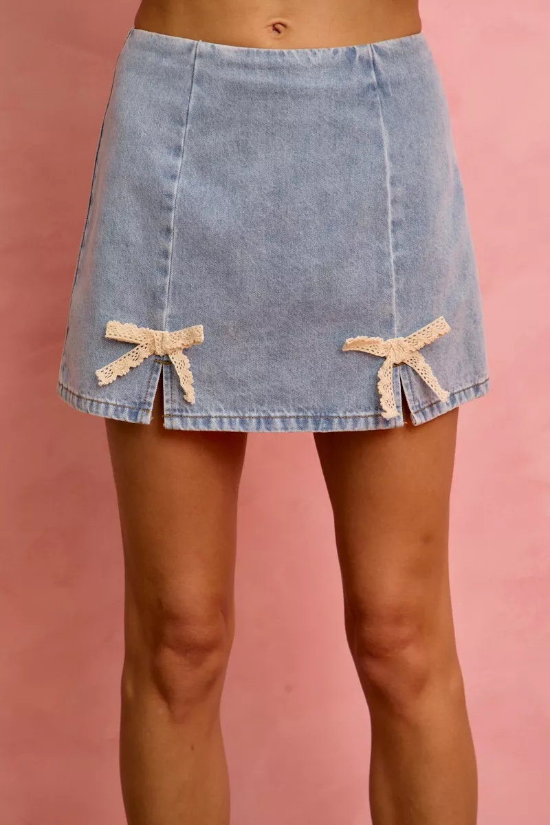 Lace Ribbon Trim Denim Mini Skirt, image 3