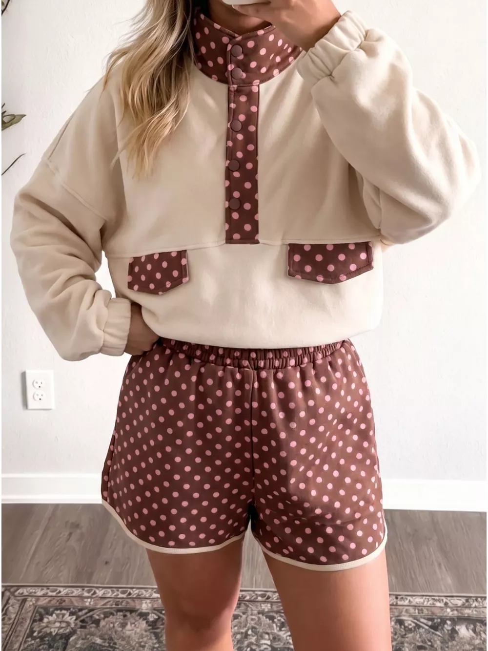 Polka Dot Contrast Baggy Pullover and Elastic Waist Shorts 2pcs Set, image 2