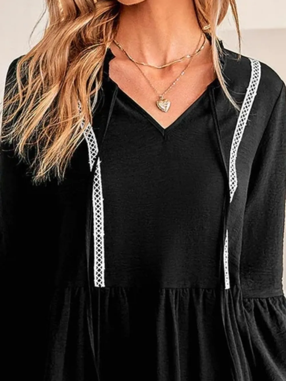 Tie-Neck Long Sleeve Mini Dress with Trim Detail, image 5