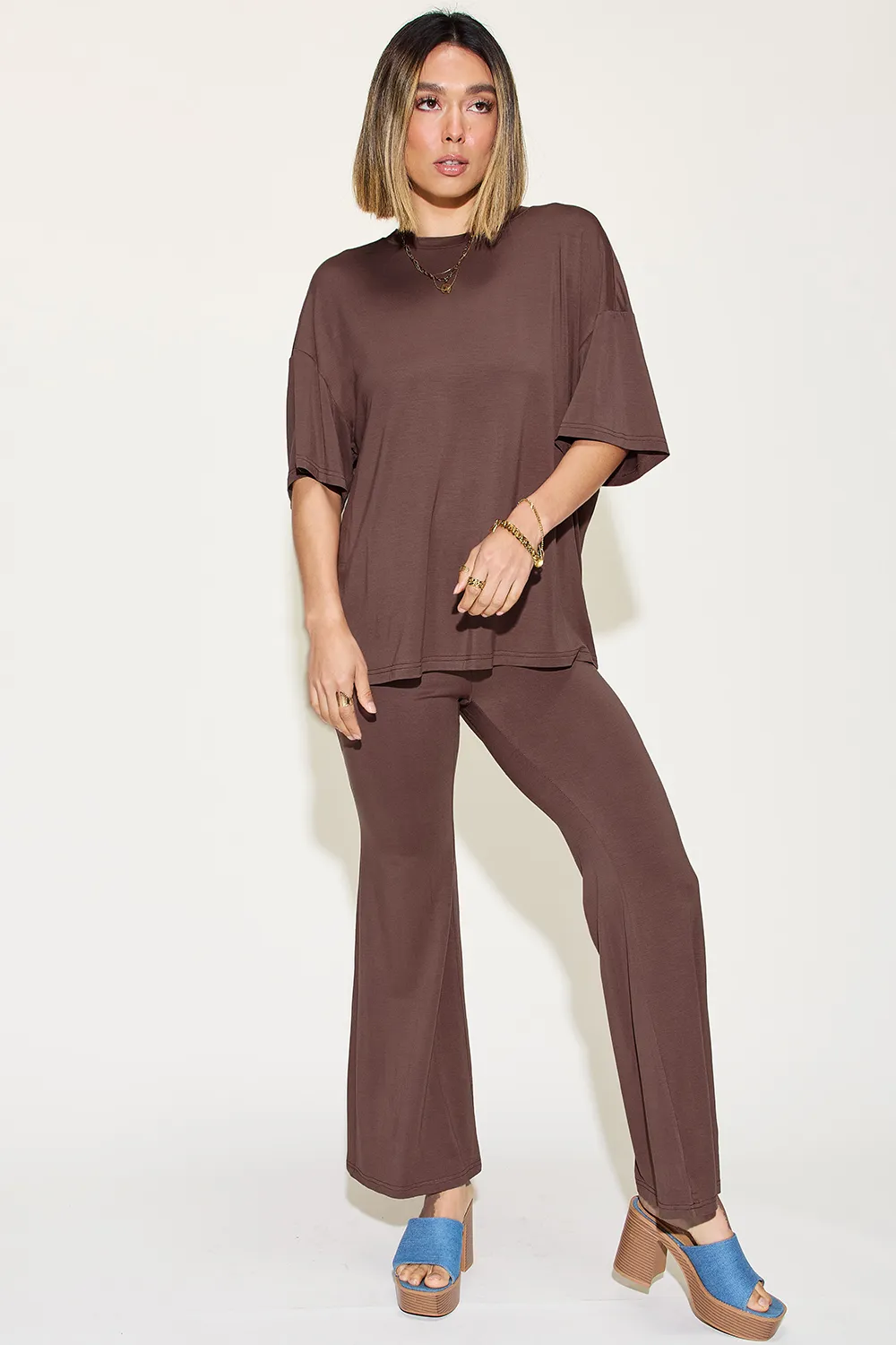 Full Size Bamboo Drop Shoulder T-Shirt and Flare Pants Set, image 15