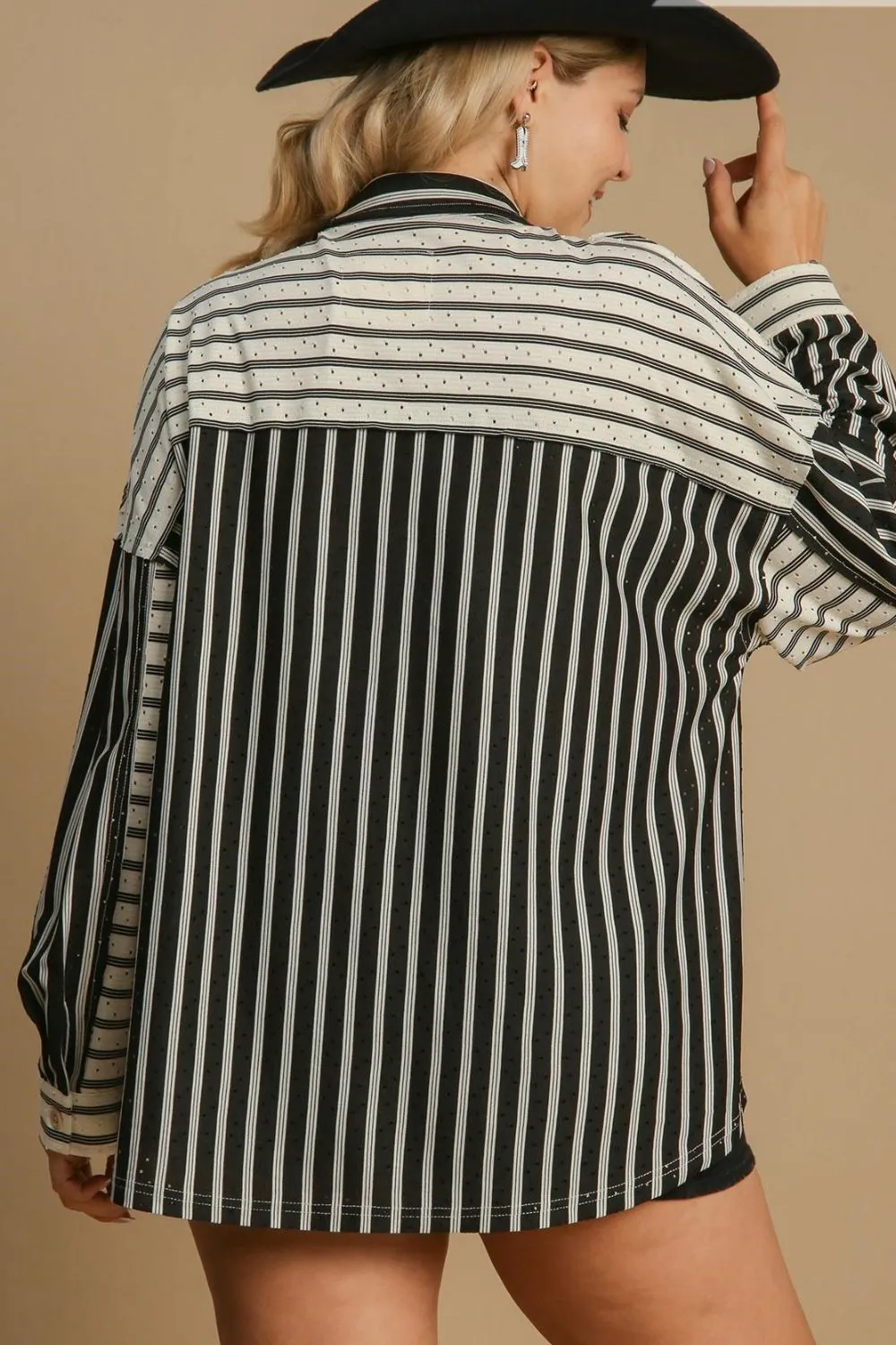 Full Size Pointelle Stripped Half Button Collared Neck Top Plus Size, image 6