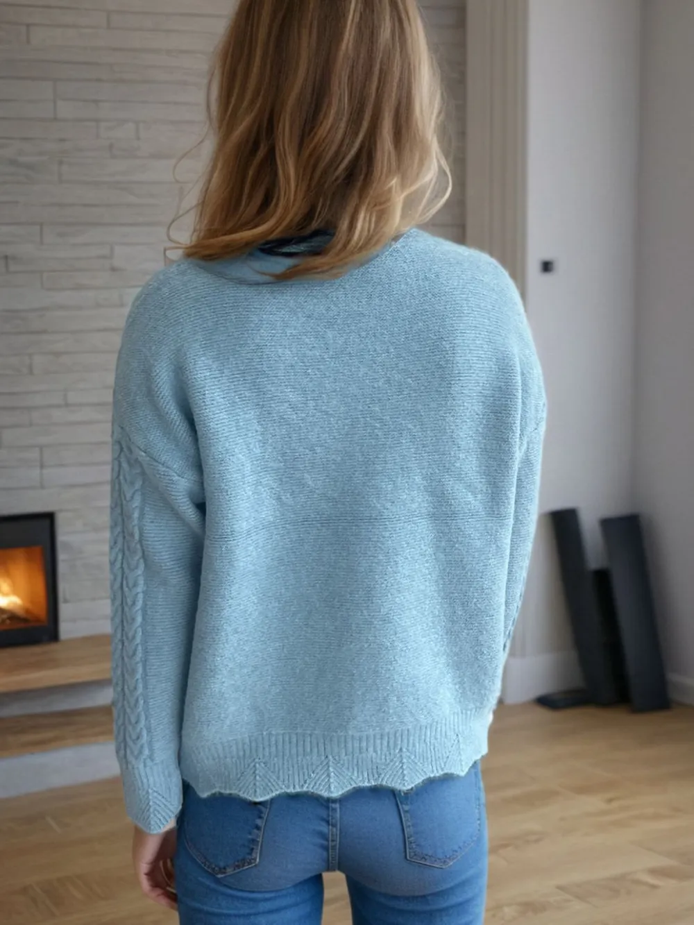 Cable-Knit Mock Neck Dropped Shoulder Sweater, image 6