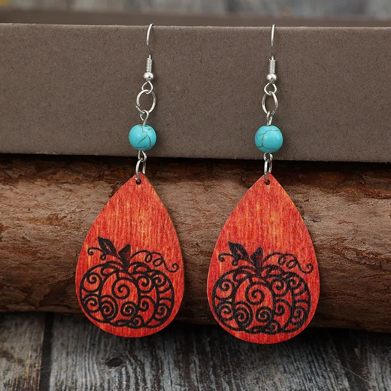 Turquoise Wooden Pumpkin Teardrop Earrings, image 4