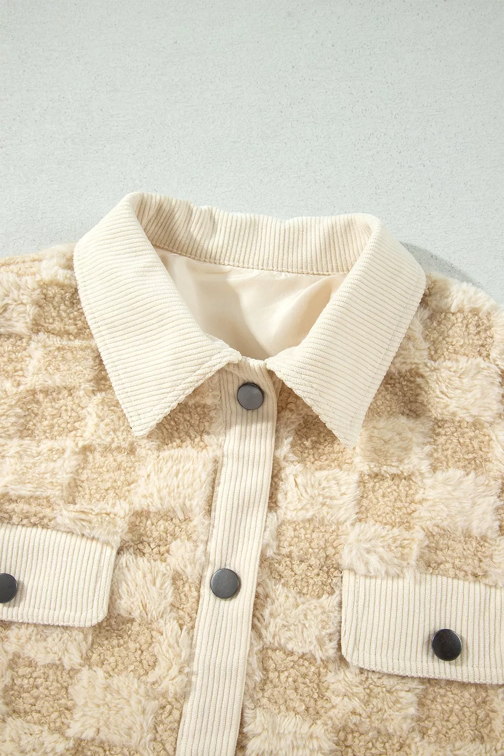 Plush Checkered Corduroy Trim Metal Button Long Sleeve Shift Silhouette Shacket, image 8