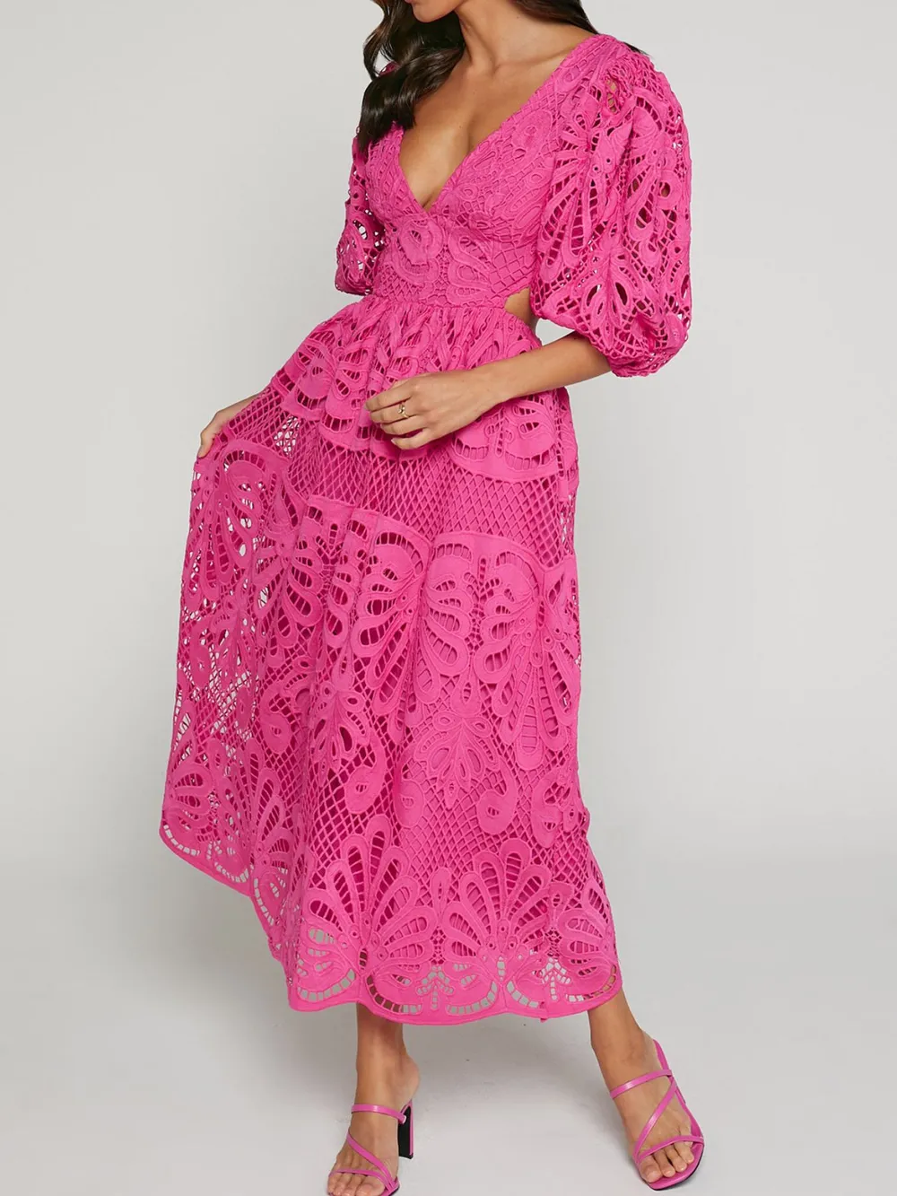 Cutout Back Lace Crochet V-Neck Dress, image 19