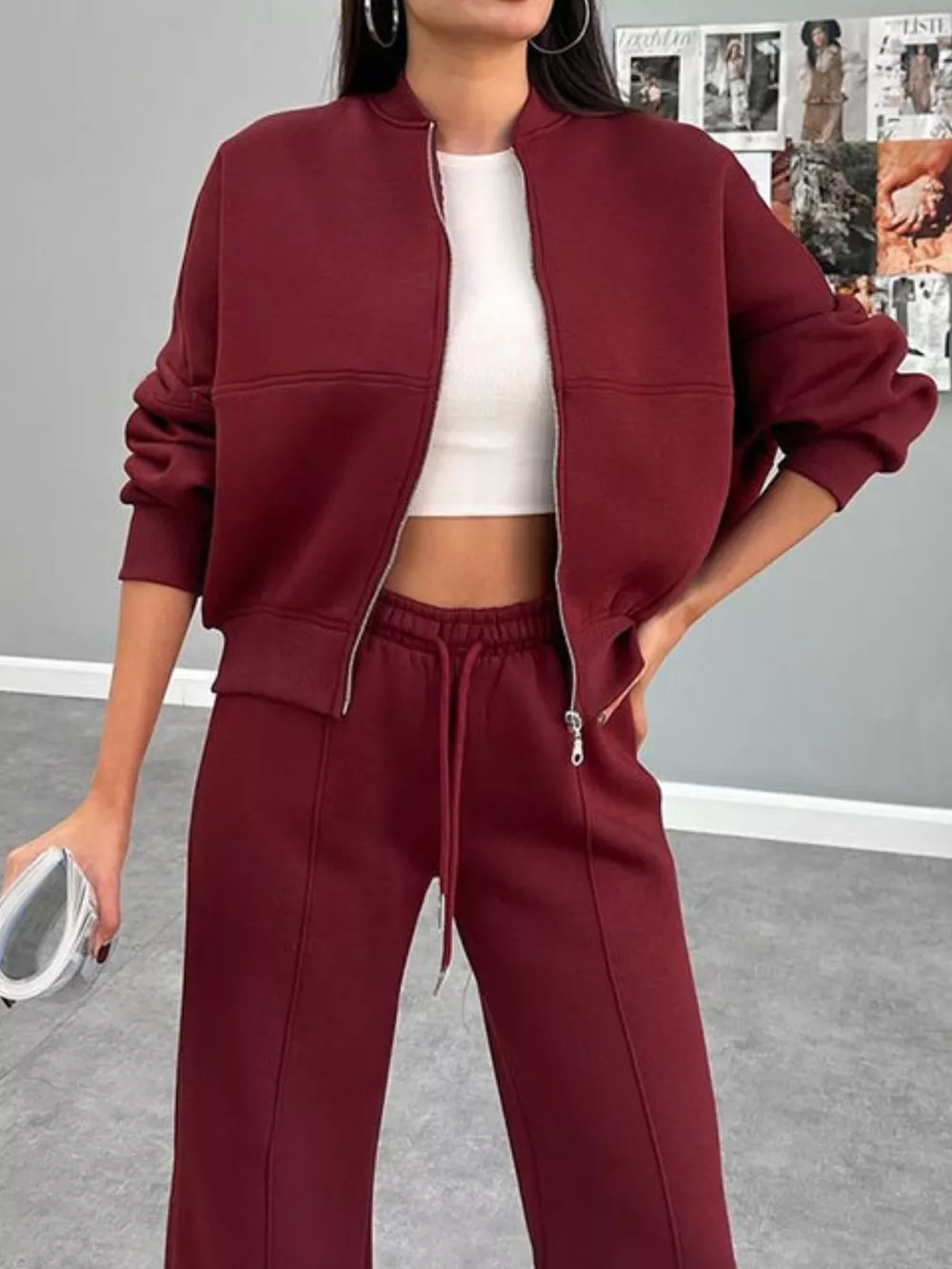 Baseball Collar Zip Up Outerwear and Drawstring Pants Set, image 28
