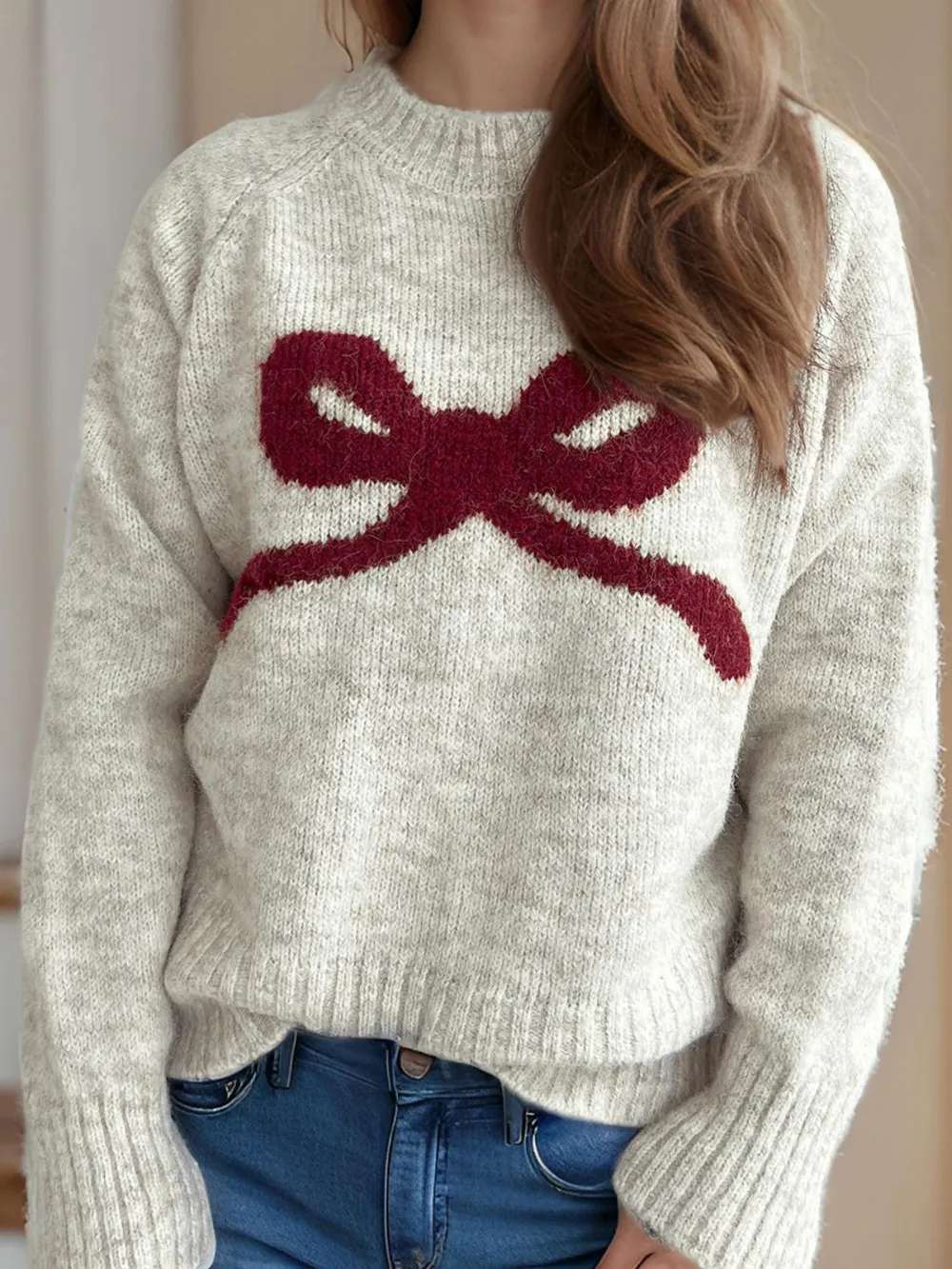 Bow Round Neck Long Sleeve Sweater, image 2