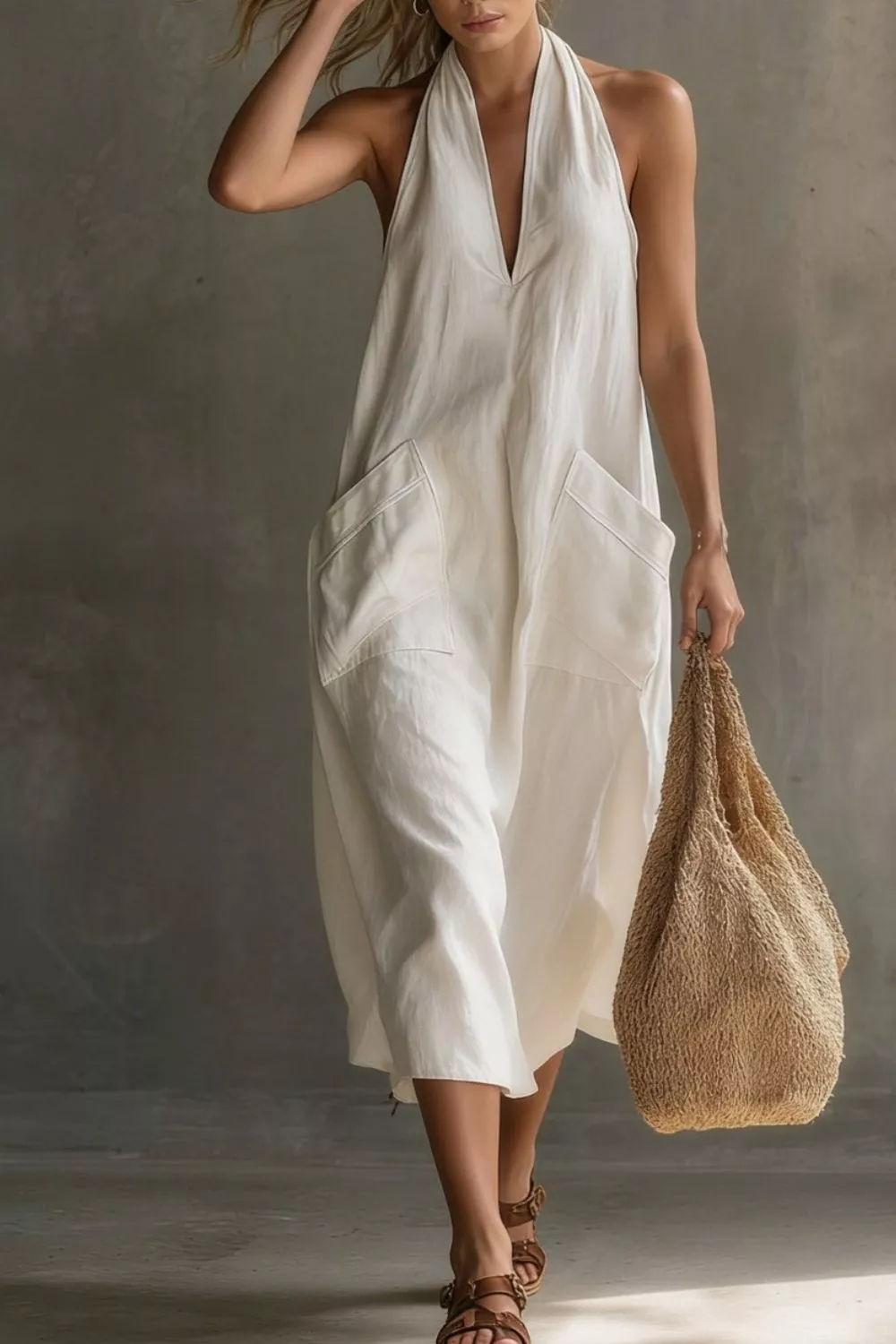Casual Halter Neck Pocket Midi Dress, image 7