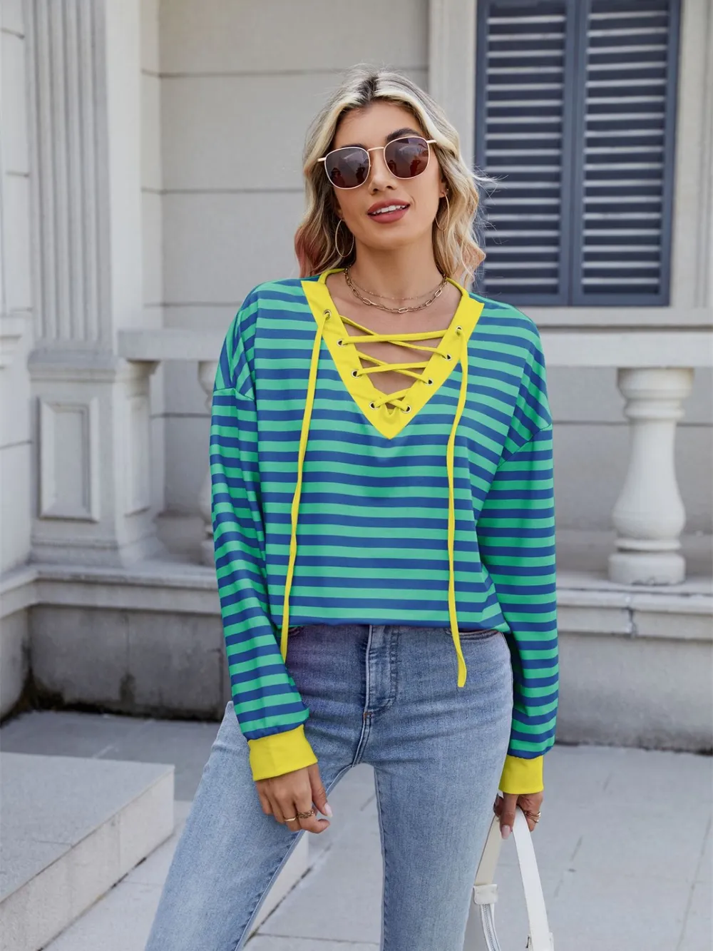 Lace-Up Striped Long Sleeve T-Shirt, image 16