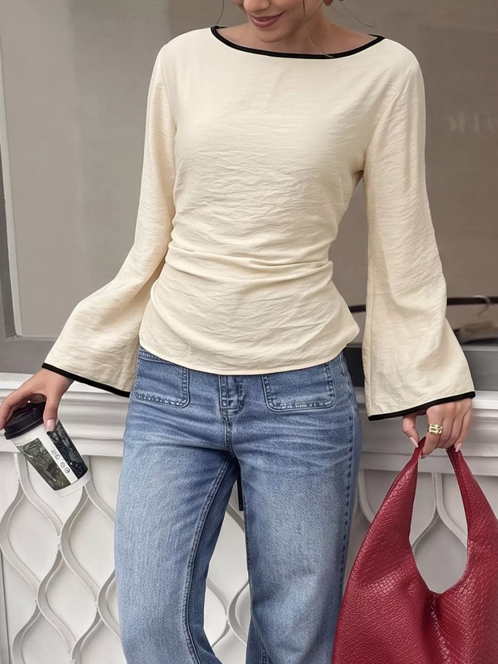 Contrast Trim Flare Sleeve Blouse, image 5
