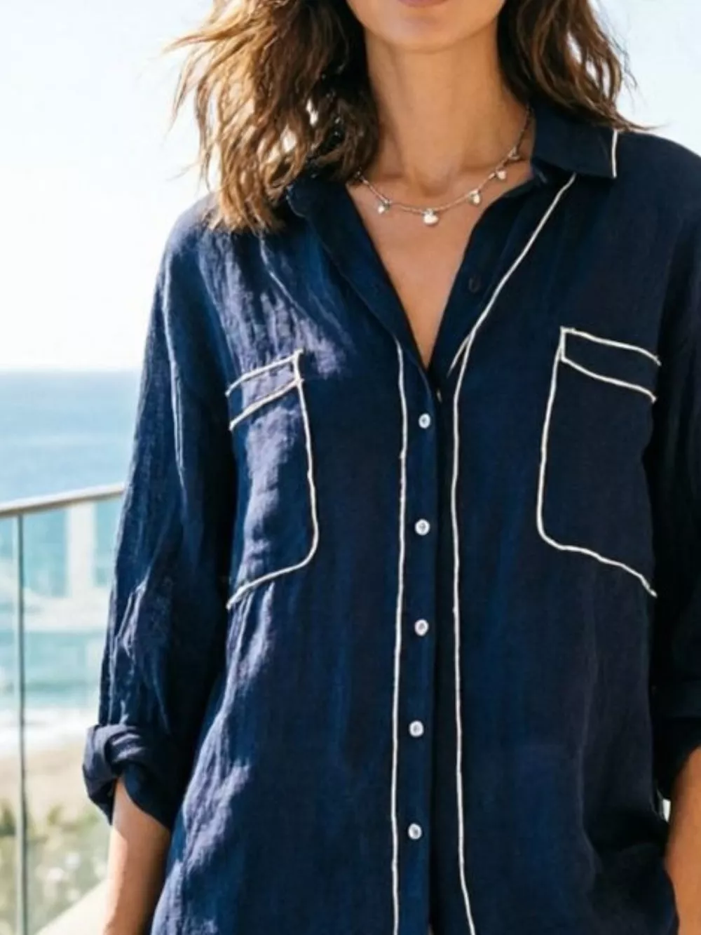 Contrast Trim Button Up Long Sleeve Shirt, image 9