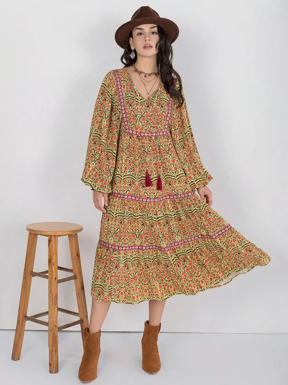 Floral Tiered Midi Dress with Balloon Sleeves
