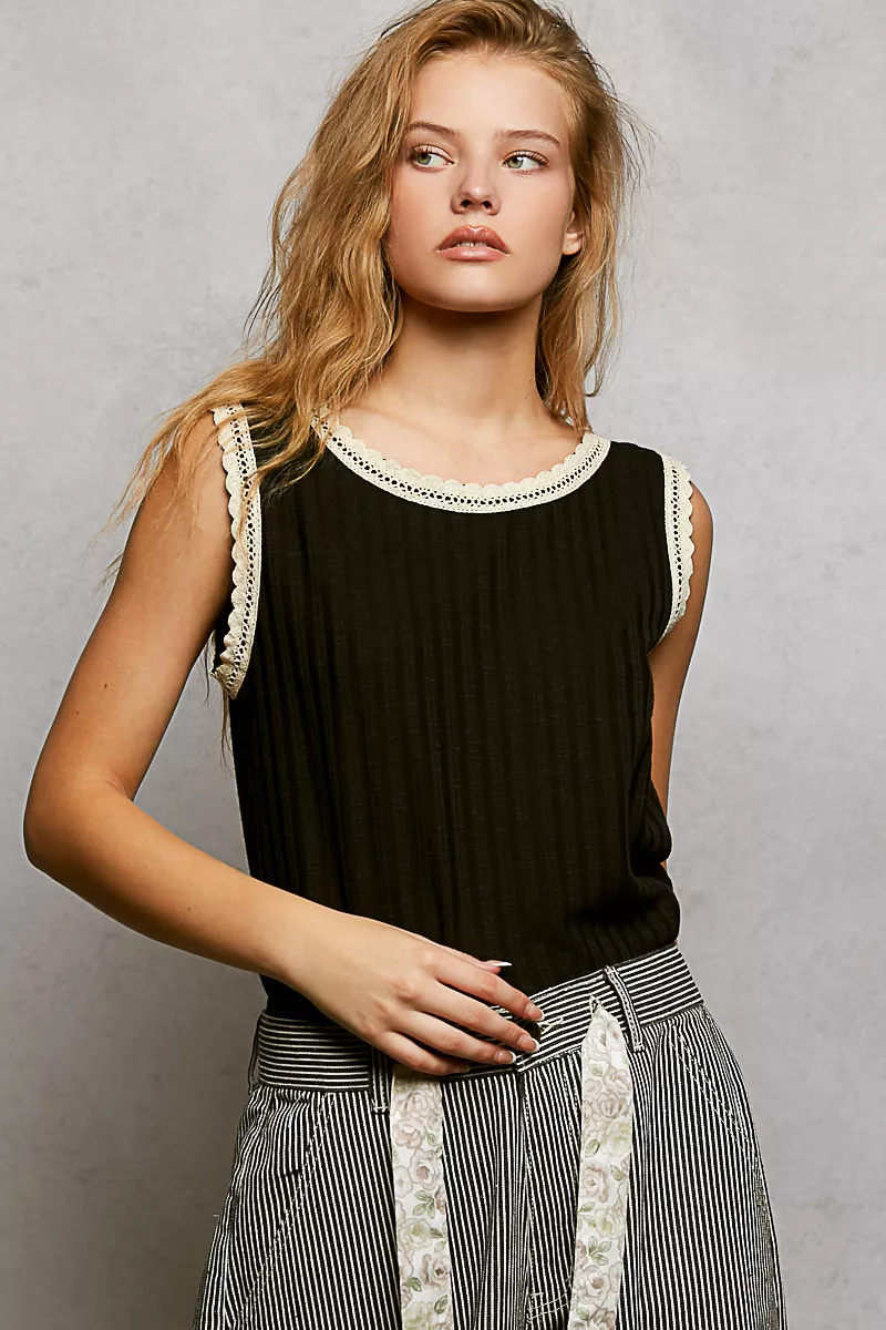Ribbed Round Neck Tank with Lace Trim