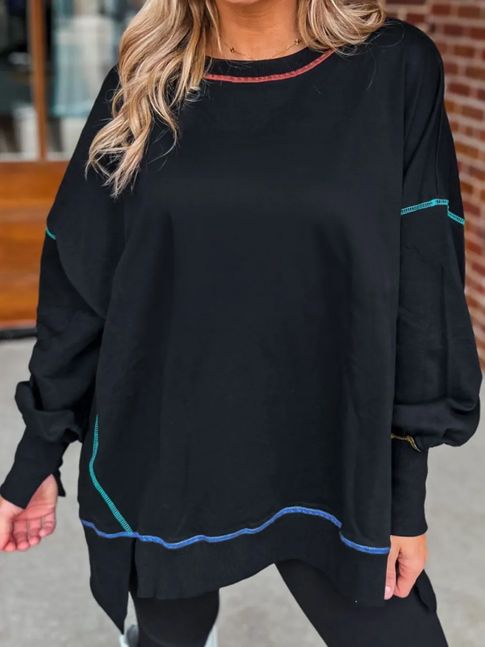 Slit Round Neck Lantern Sleeve Sweatshirt, image 7