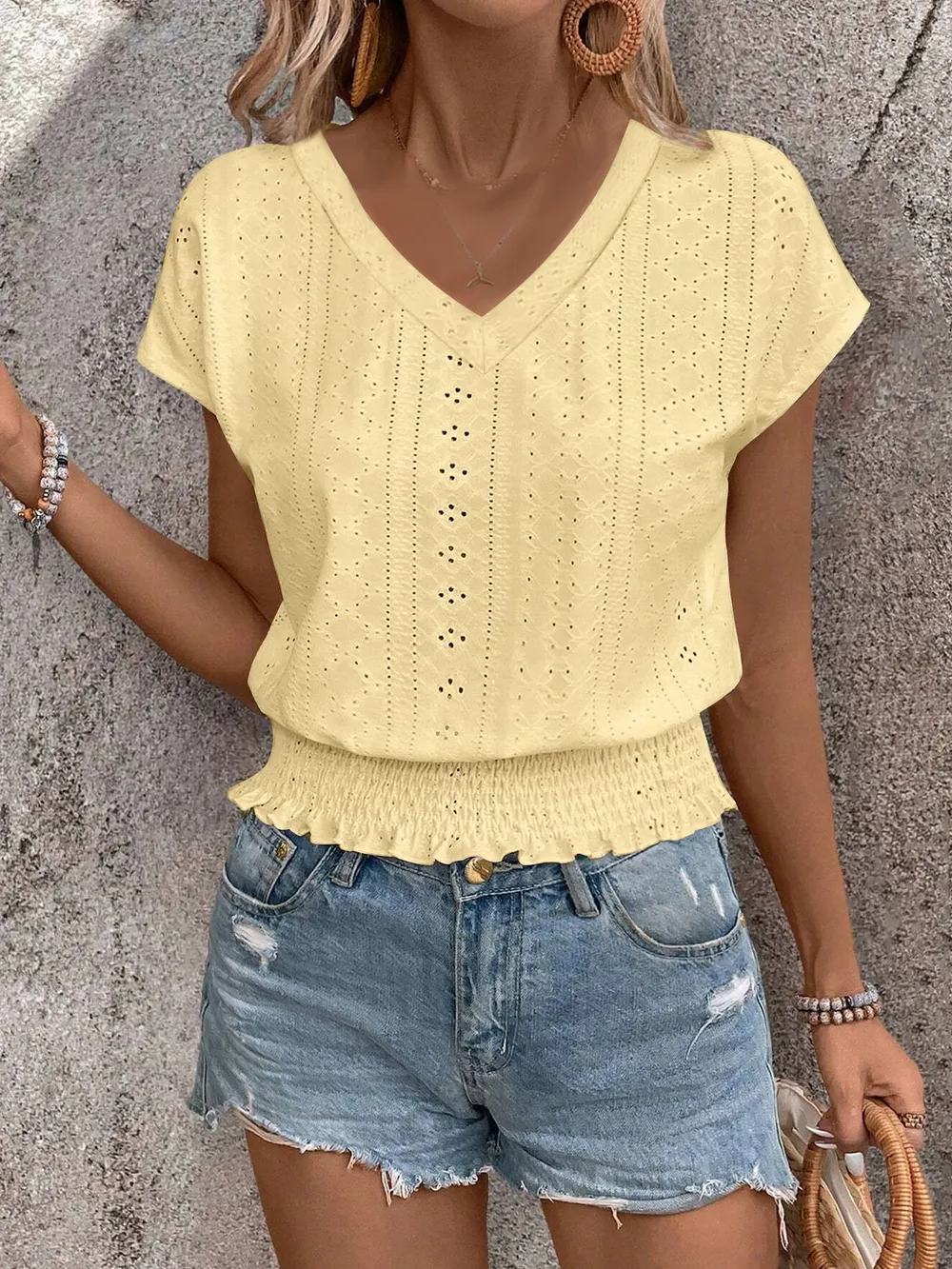 Eyelet V-Neck Short Sleeve Blouse, image 5