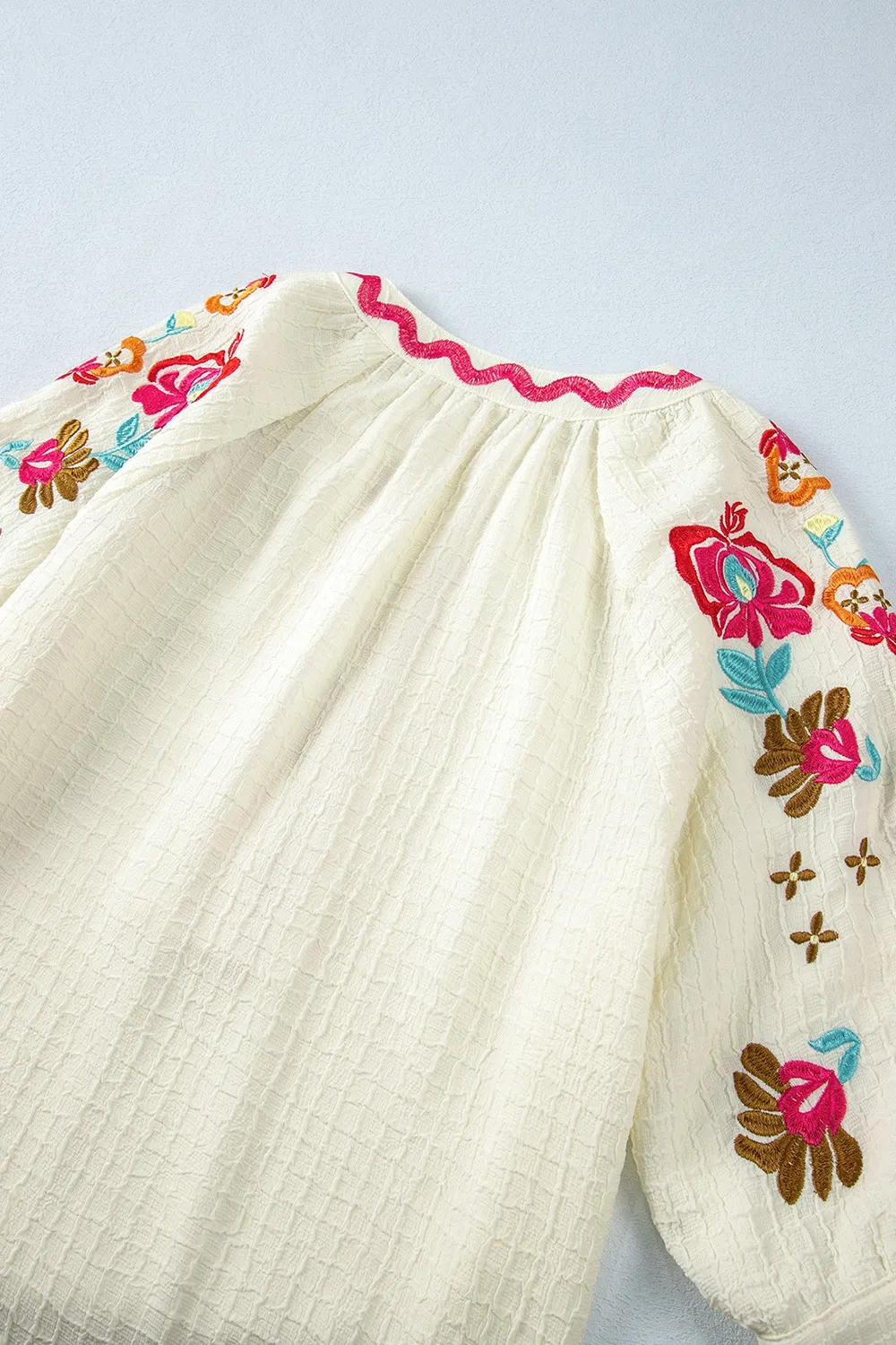 Floral Embroidered Notched Puff Sleeve Blouse, image 17