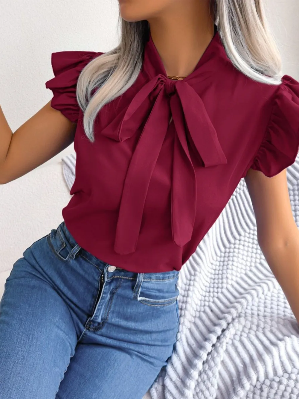 Ruffle Cap Sleeve Bow Tie Blouse, image 18