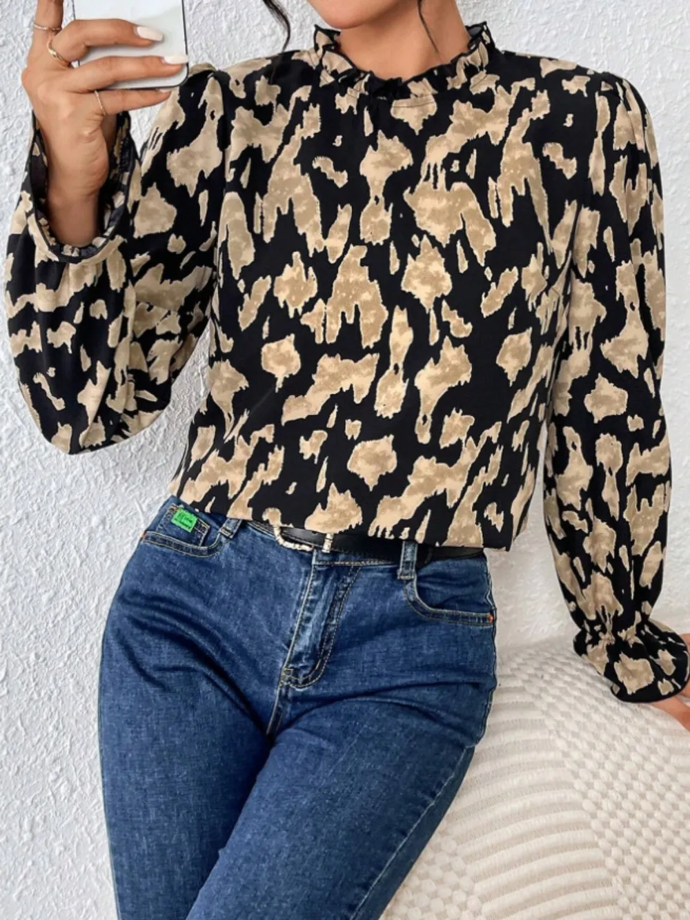 Frill Leopard Mock Neck Flounce Sleeve Blouse, image 6