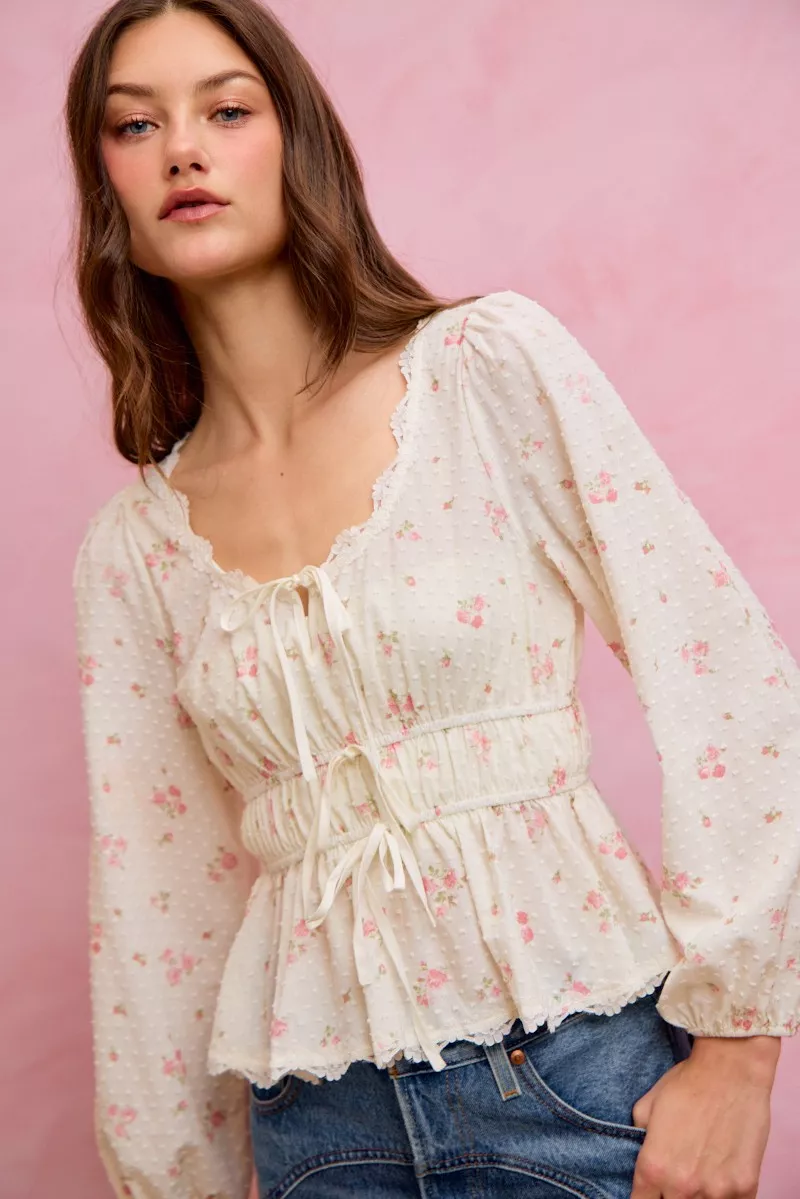 Floral Clip Dot Lace Trim Ruched Bodice Blouse, image 21