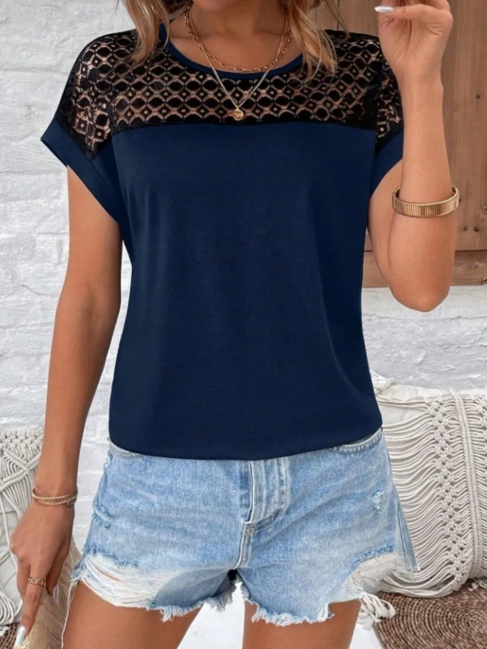 Lace Round Neck Short Sleeve T-Shirt, image 8