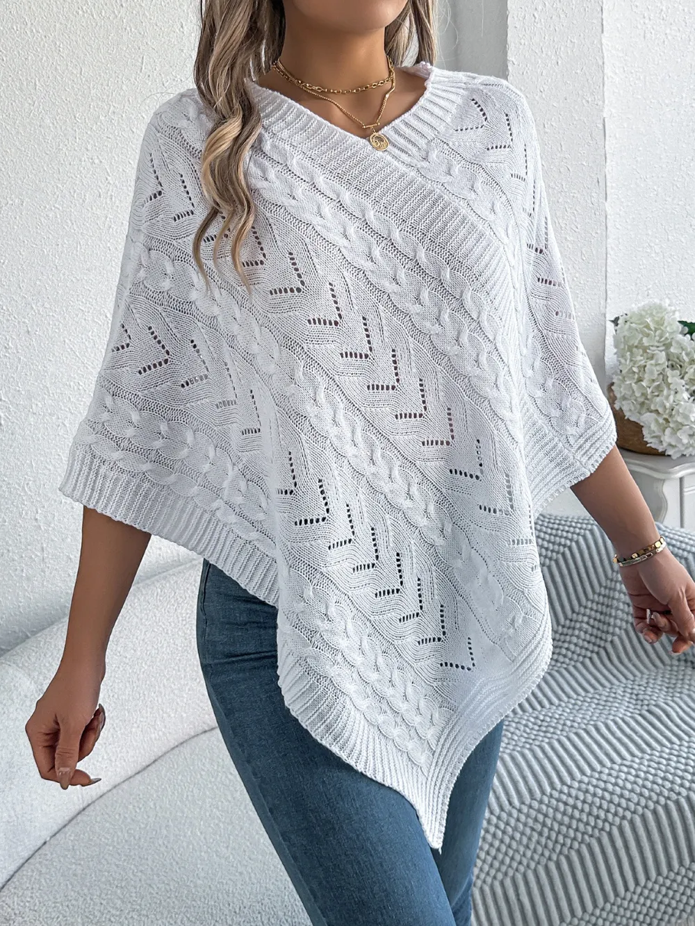 Cable-Knit Openwork Three-Quarter Sleeve Sweater, image 7