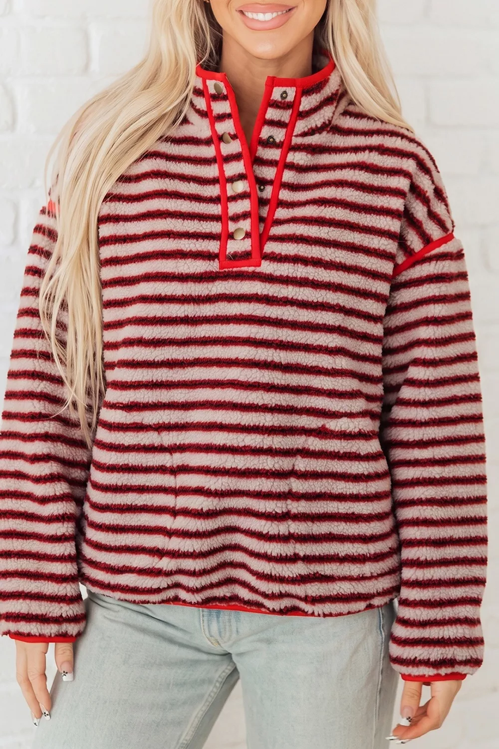 Striped Fuzzy Colorblock Button Placket Sweatshirt