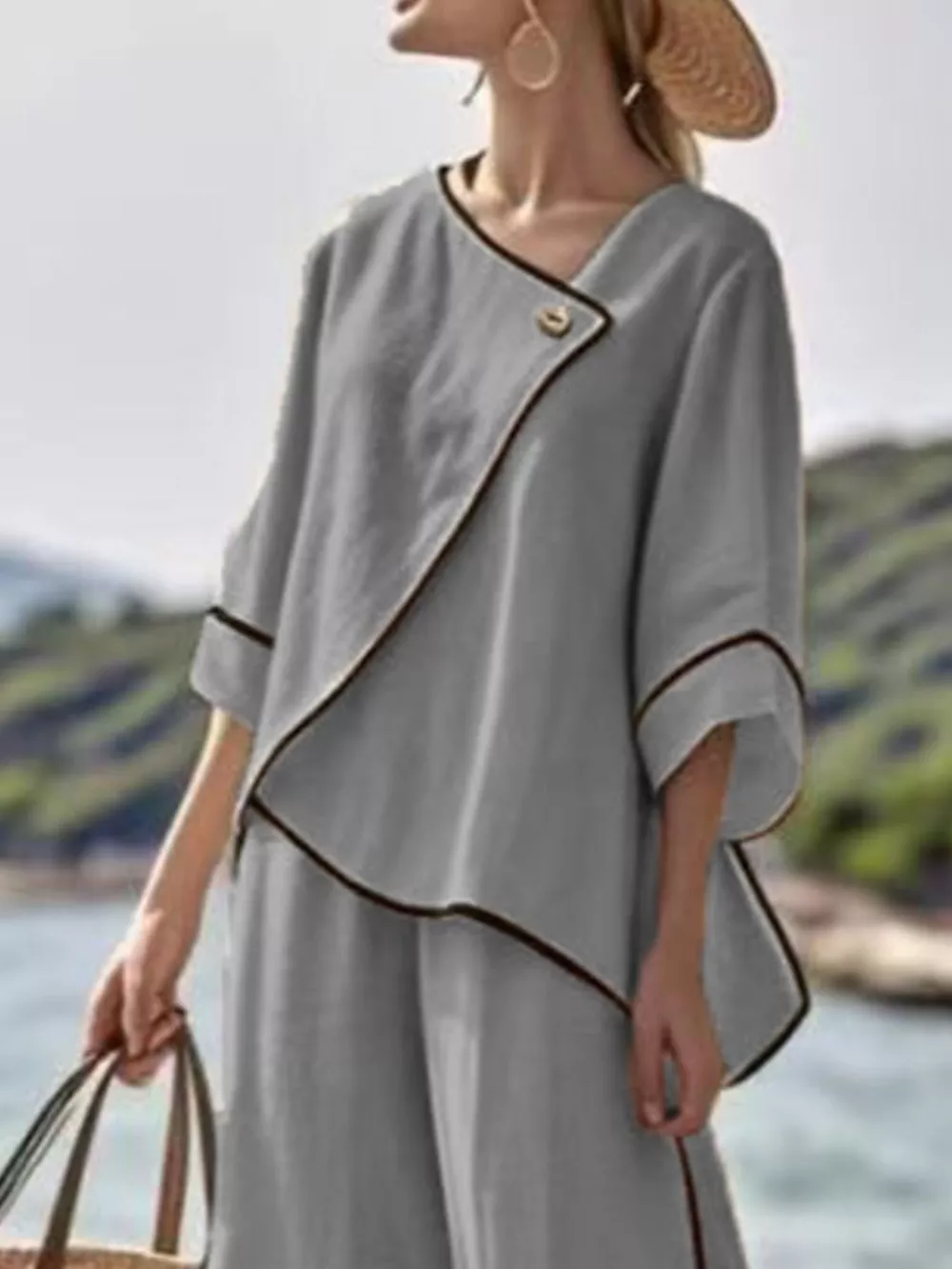 Full Size Contrast Trim Top and Wide Leg Pants Set Plus Size, image 6
