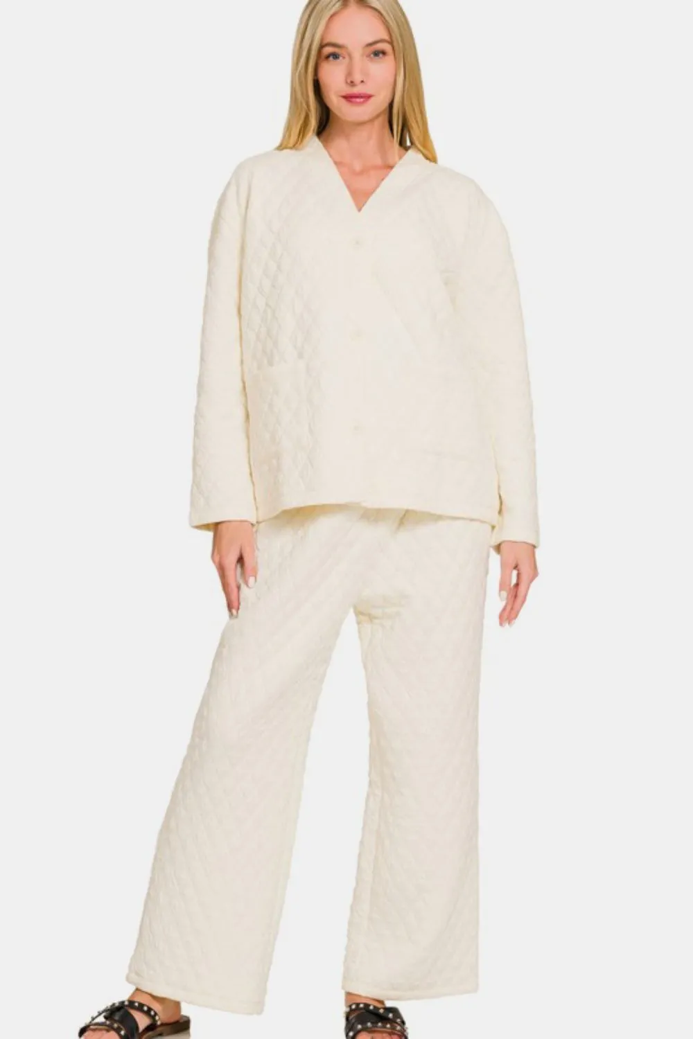 Quilted Button Up Long Sleeve Top and Pants Lounge Set
