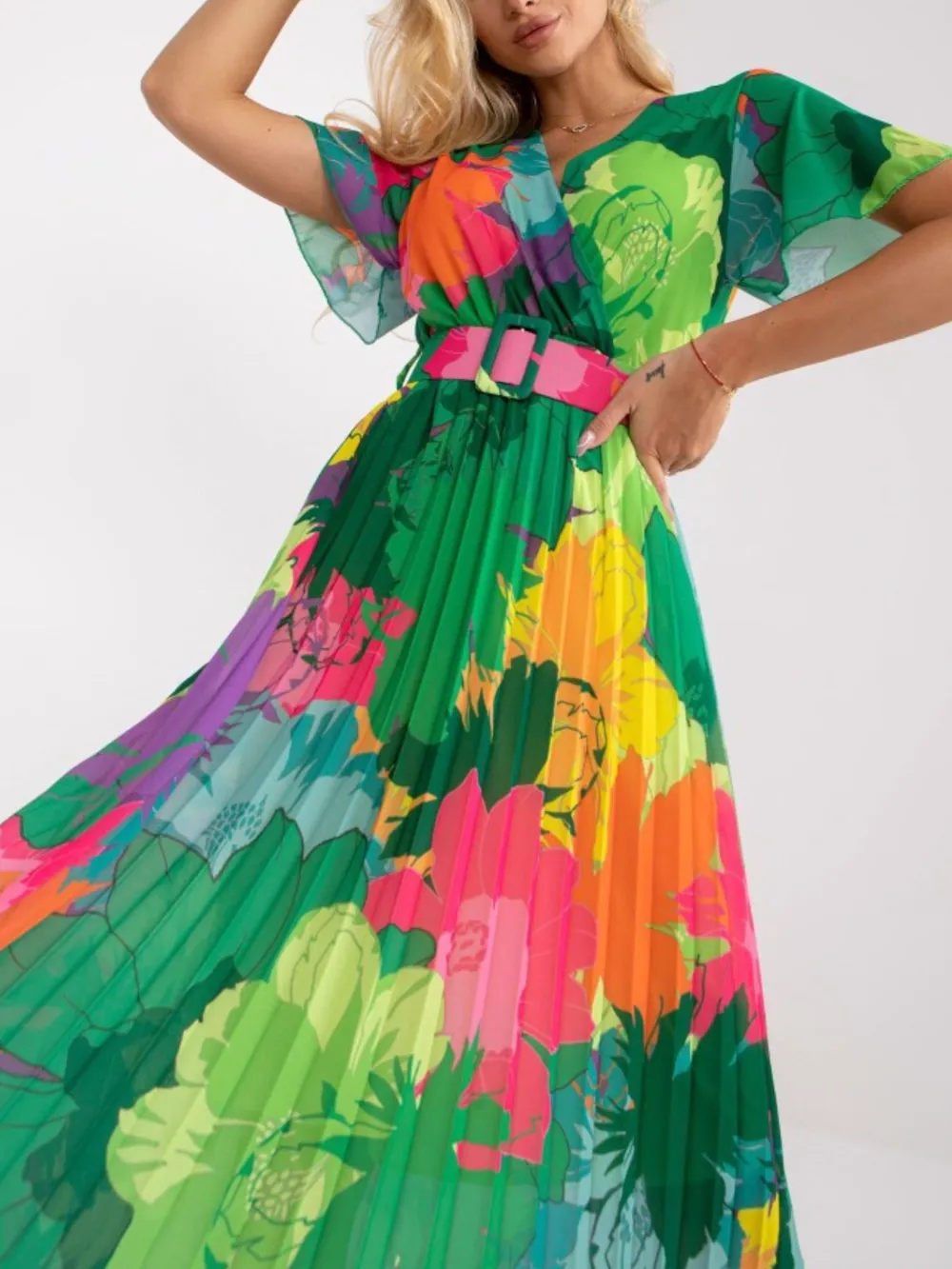 Printed Pleated Midi Wrap Dress with Belt, image 4