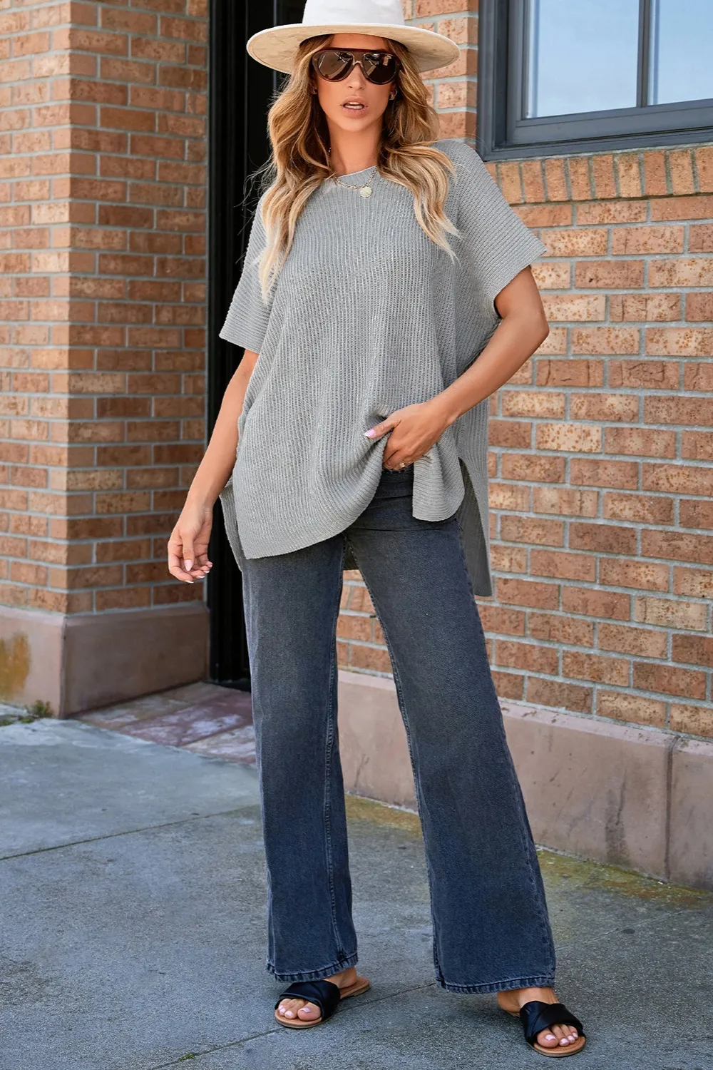 Slit Round Neck Short Sleeve Knit Top, image 9