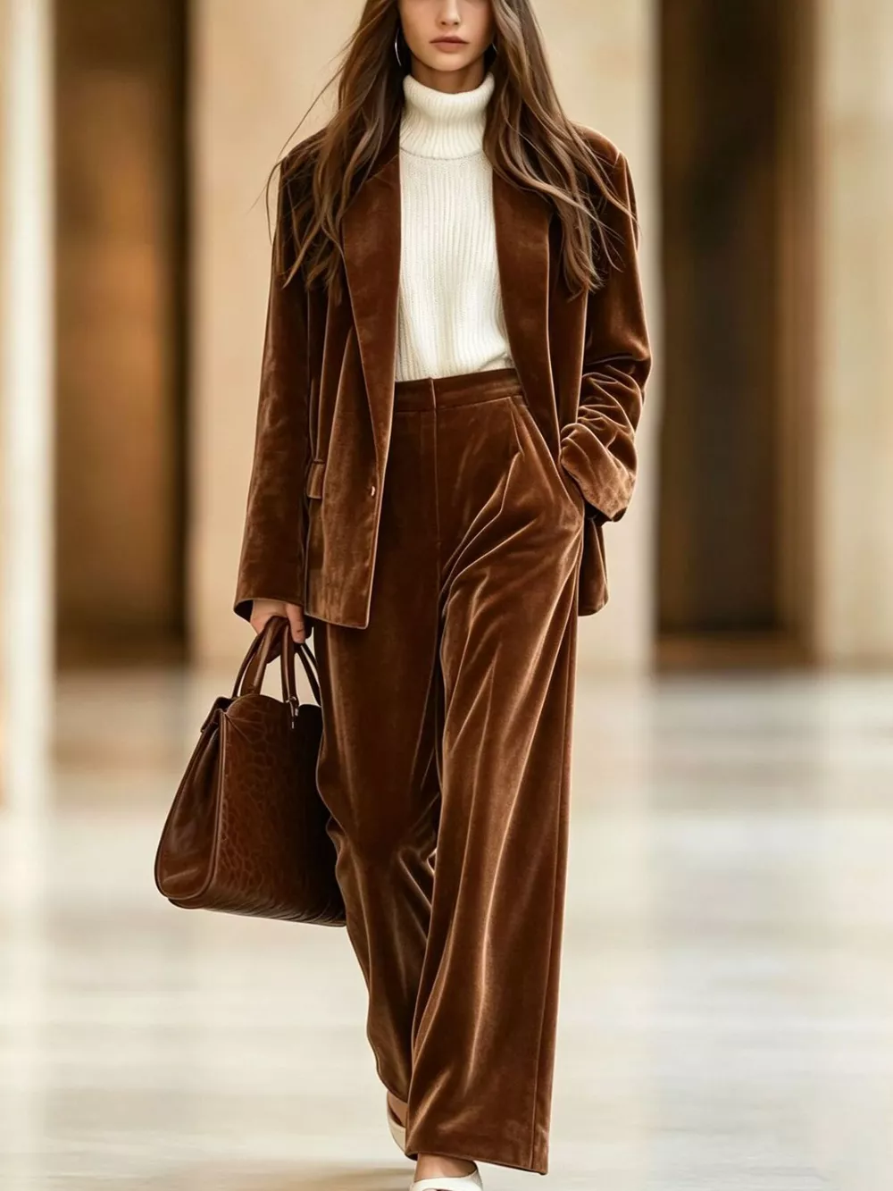 Velvet Blazer and Wide-Leg Pants Two-Piece Set, image 2