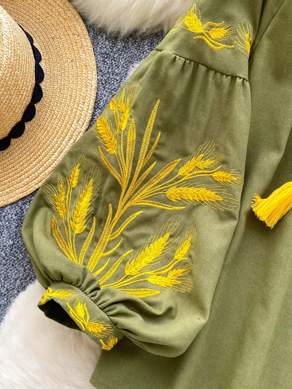 Embroidered Wheat Pattern Tie Neck Blouse, image 15