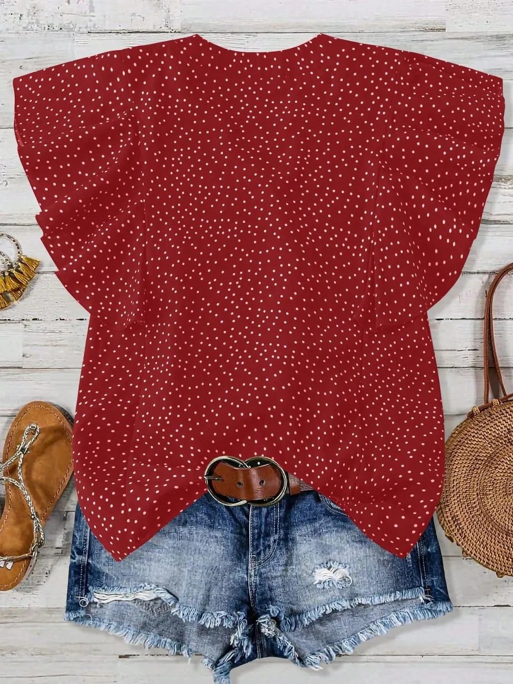 Polka Dot Notched Ruffled Cap Sleeve Blouse, image 21