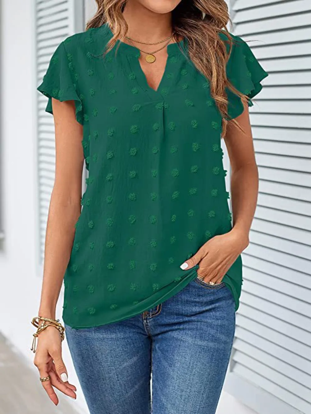 Swiss Dot Notched Cap Sleeve Blouse, image 20
