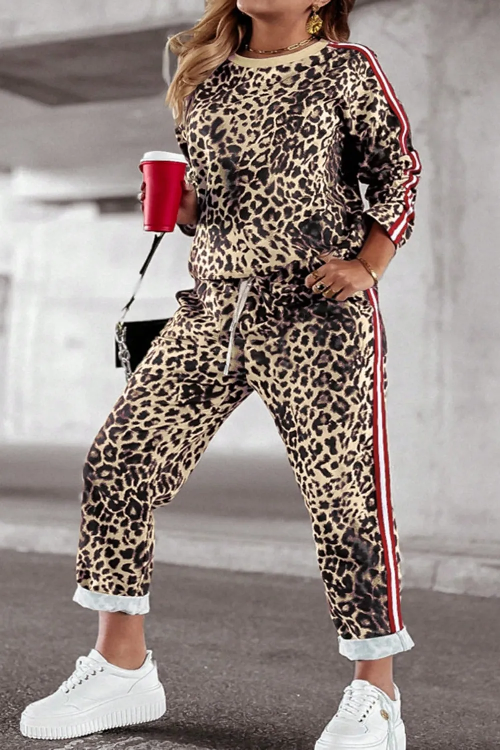 Plus Size Leopard Round Neck Top and Pants Set, image 9