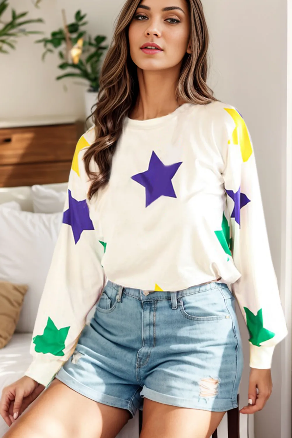 Star Print Round Neck Lantern Sleeve T-Shirt, image 3
