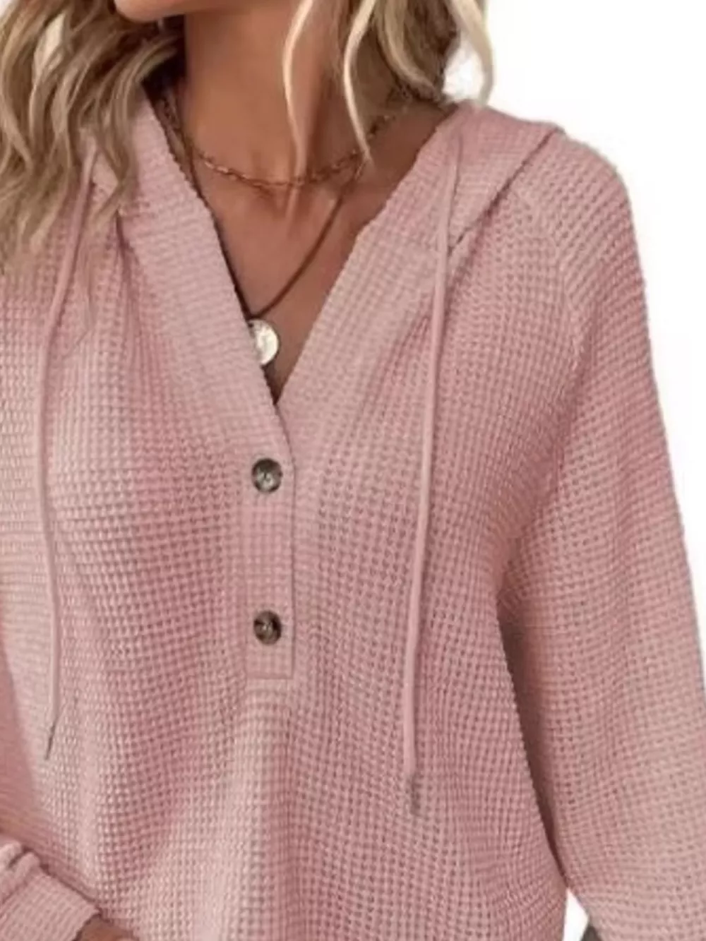 Full Size Button Detail Waffle Knit Hoodie Plus Size, image 26